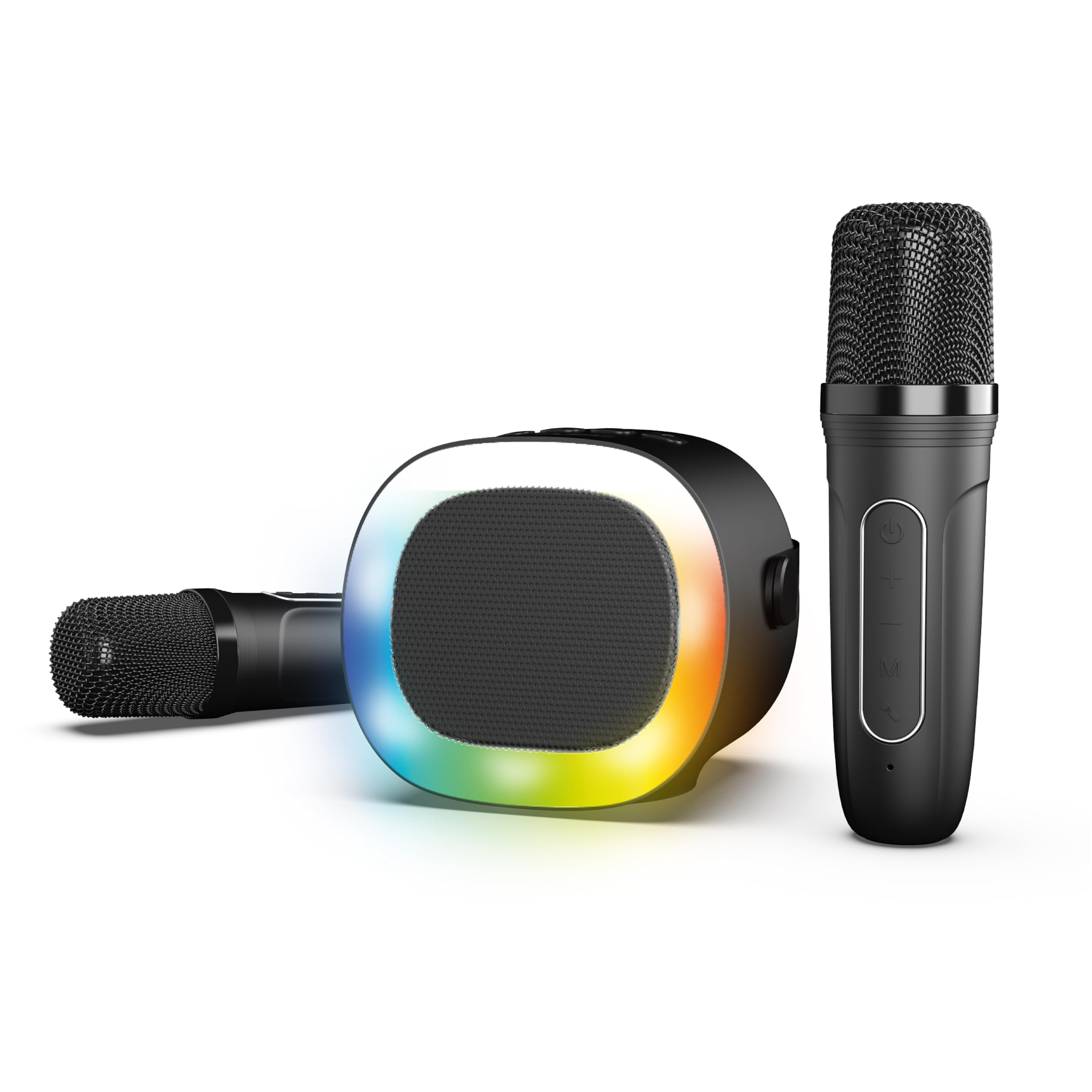 R-MUSIC Karaduo - Kompletny zestaw do karaoke, 2 bezprzewodowe mikrofony karaoke + bezprzewodowy przenośny głośnik RGB - Bluetooth 5.0, port AUX i port Micro SD - 5 efektów deformacji głosu + 3 tryby