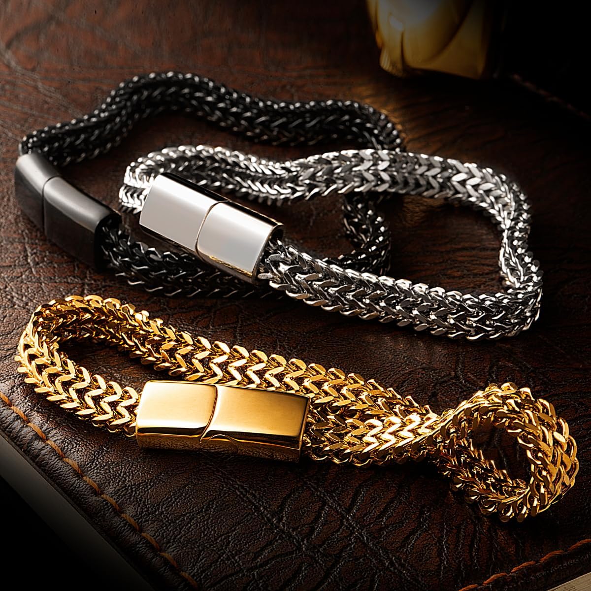 Men's Stainless Steel Bracelet Gold & Silver Adjustable Wristband for Men Cuban Franco Chain Bracelet - Stylish Gift for Sons Boyfriends Husband - Durable and Elegant Men's Bracelet - Image 4