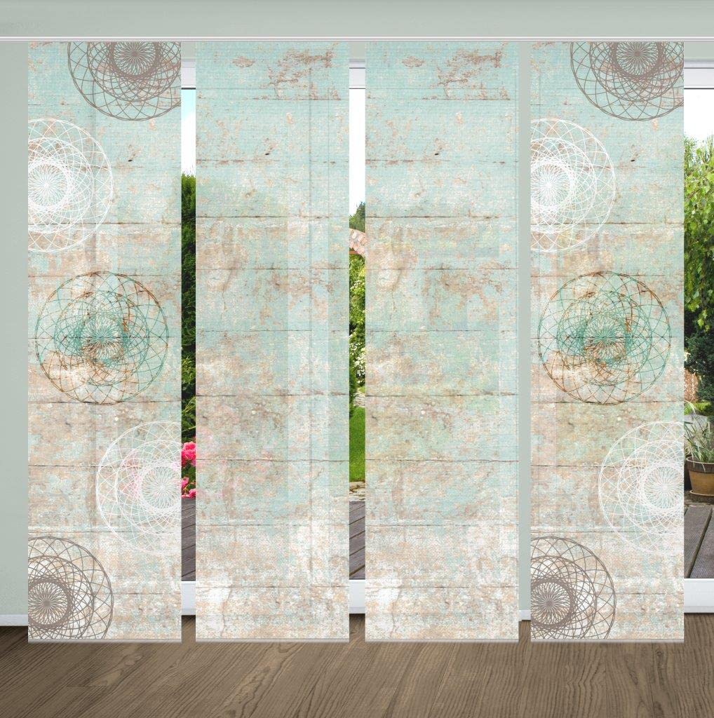 84089 MANDRIGA Schiebegardine aus recyceltem Polyester, Farbe:mint, Größe:245 x 60 cm, Anzahl:4er-Set (2X Motiv. 2X Uni)