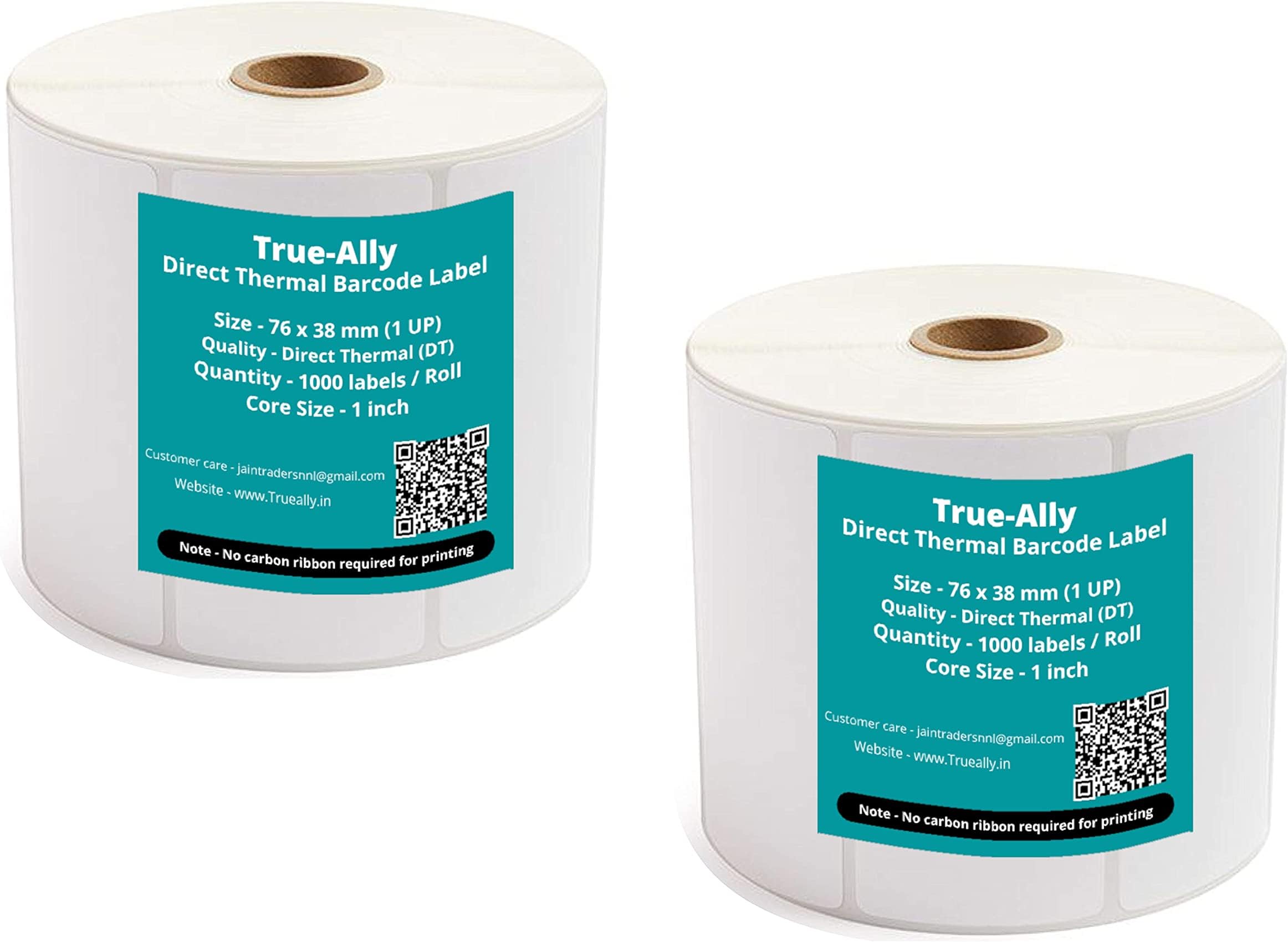 True-Ally 76x38 Direct Thermal Barcode Label Sticker - 3 x 1.5 inches - 76mm x 38mm - 1000 Labels Per Roll - White Self Adhesive Sticker for Printing Barcoding (2 Roll Per Pack(2000 Labels))