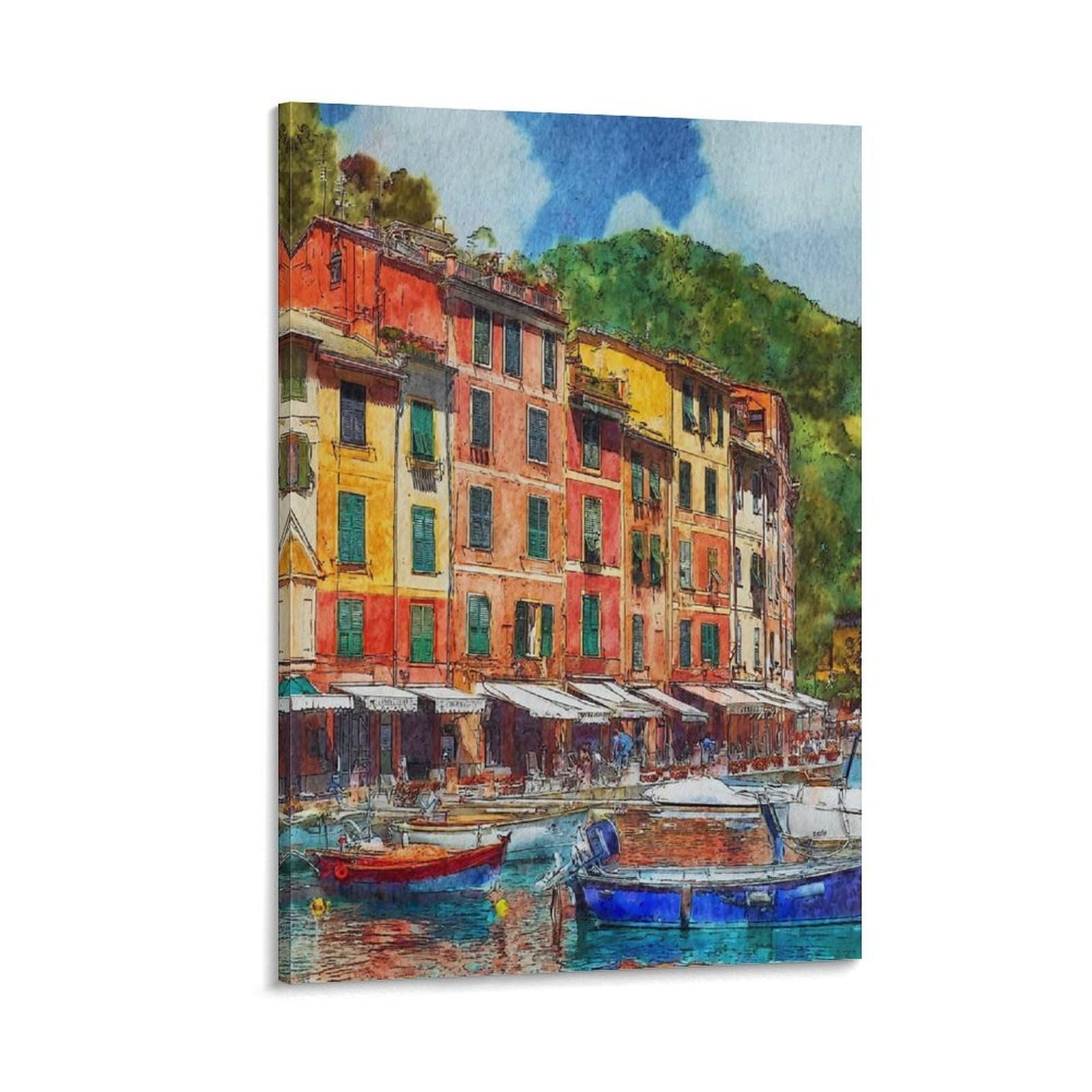 Lcynnh Frame-Style Portofino Italy 08X12inch(20X30cm) Vintage Travel Poster Watercolor Canvas Art