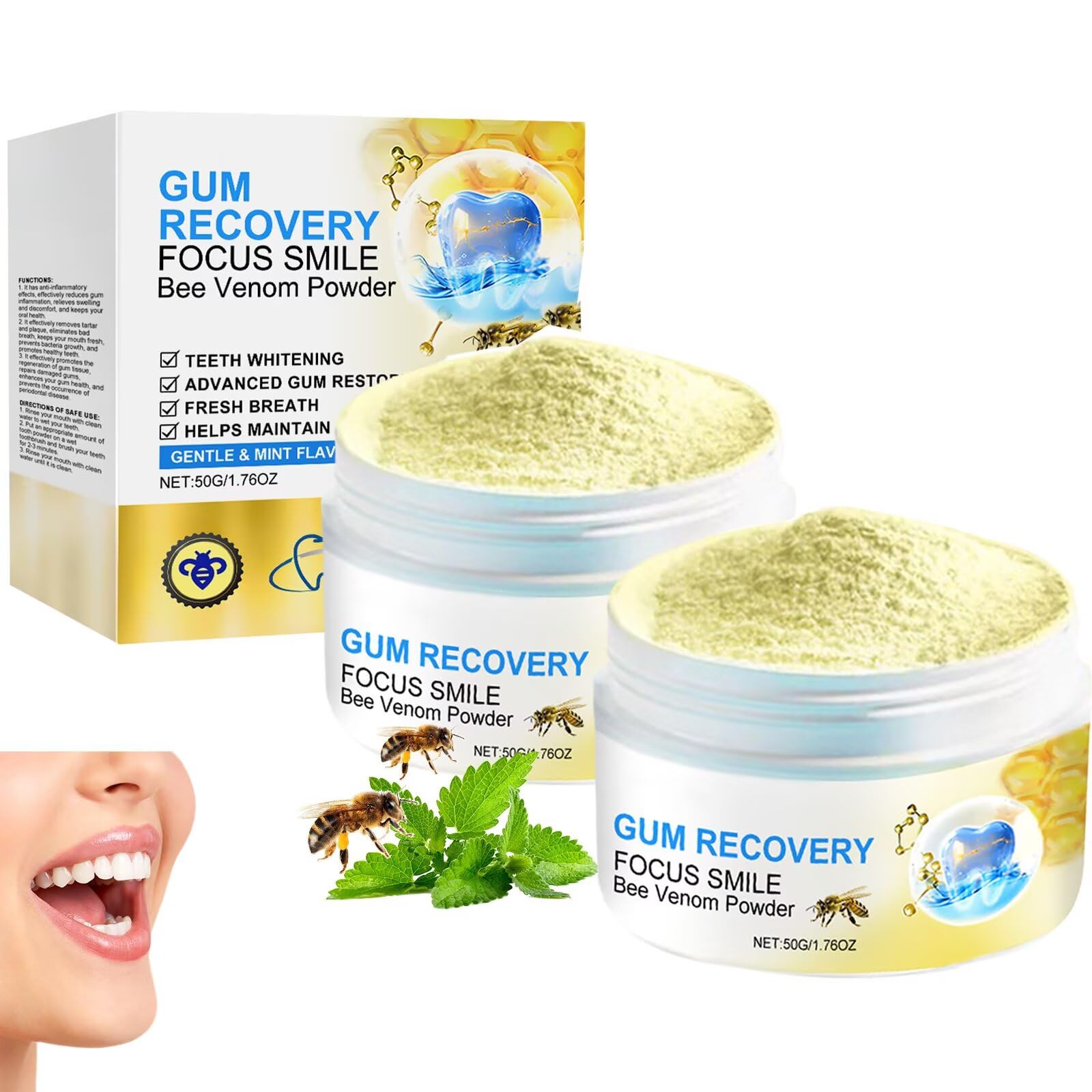 2 Pack Teeth Whitening Powder Bee Venom Natural Tooth Powder Fresh Breath No Sensitivity Protection of Teeth Oral