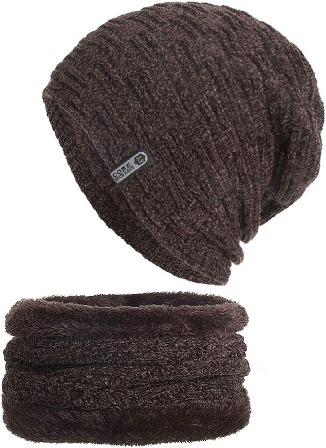 Flygo Mens Winter Fleece Lined Beanie Hat Scarf Set 2 Piece Skull Cap Neck Warmer