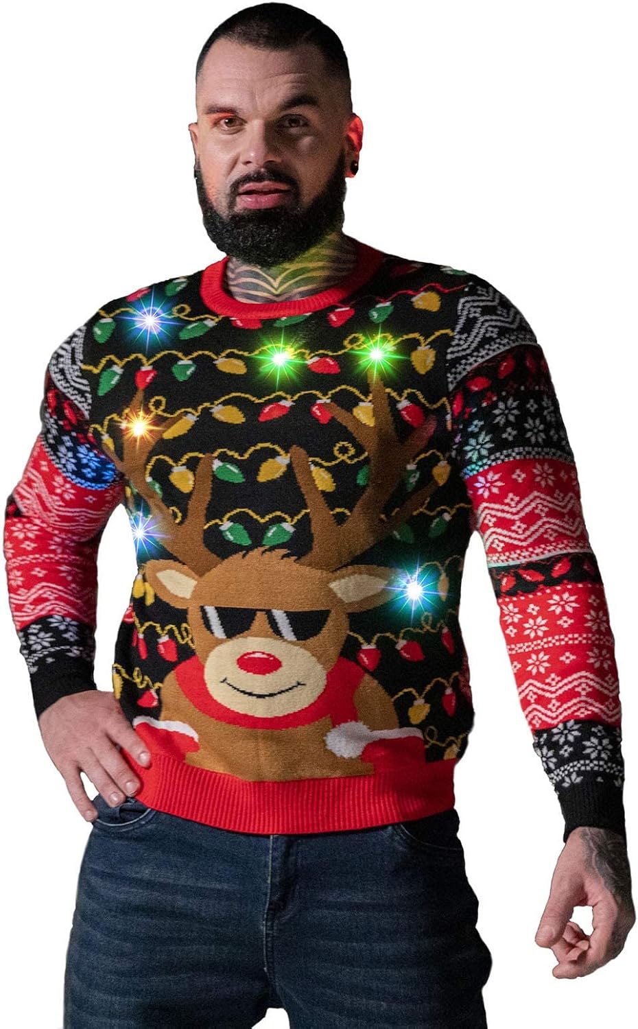 LED Ugly Christmas Sweater for Men, Unisex Women Xmas Pullover with Light for Party Festive Rudy Lit Up XX-Large