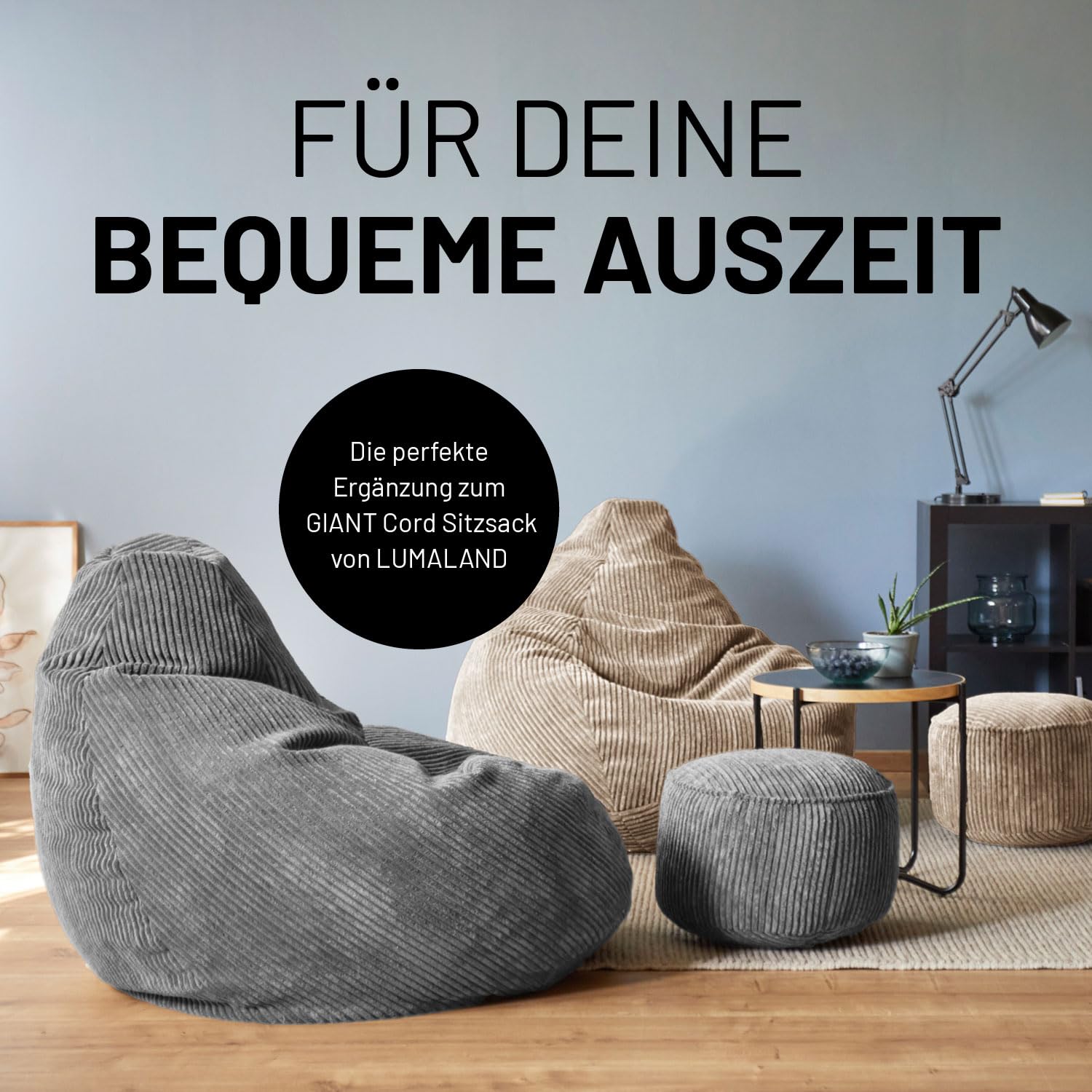 Lumaland Sitzsack Pouf aus Cord | Kompakter 50L Gaming Pouf mit 3-in-1-Funktion: bequemer Hocker, praktisches Tischchen & stylischer Indoor Fußschemel | Ø 25 x 45 cm [Grau]