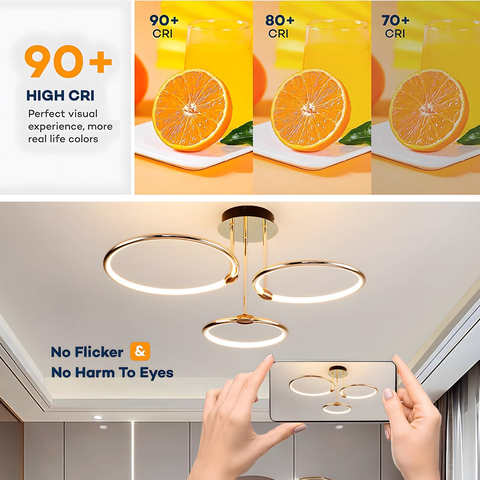 LED Deckenleuchte, Ø56cm Goldener Metallkreis Kronleuchter, 60W Stufenlos Dimmbar 3000–6000K Moderner Runder Galvanisierter Anhänger Schlafzimmer Wohnzimmer Kinder Büro Arbeitszimmer (3 Ringe)