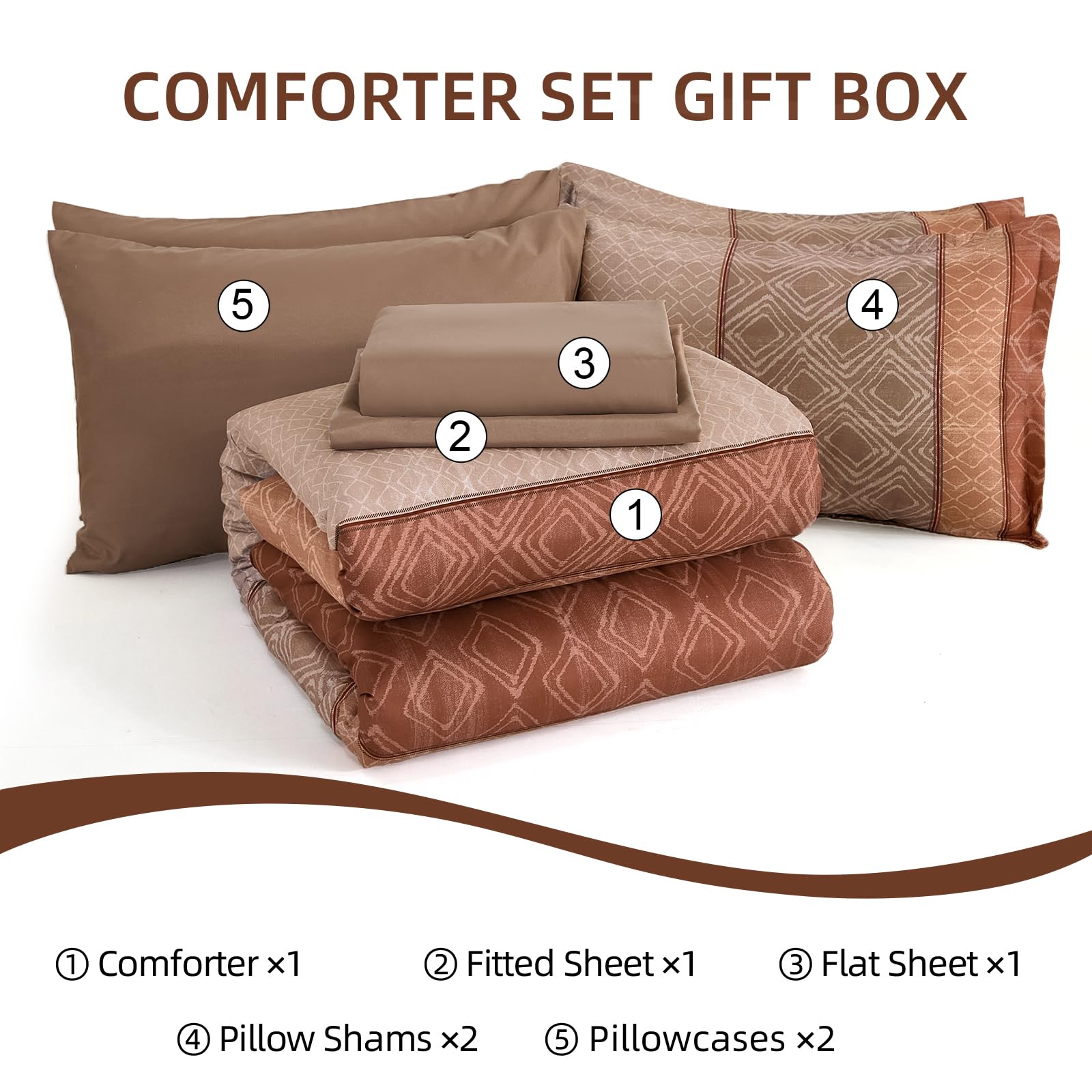 Dinjoy Parure de lit 7 pièces en Microfibre Douce à Rayures de Style bohème pour très Grand lit, Rouge et Marron