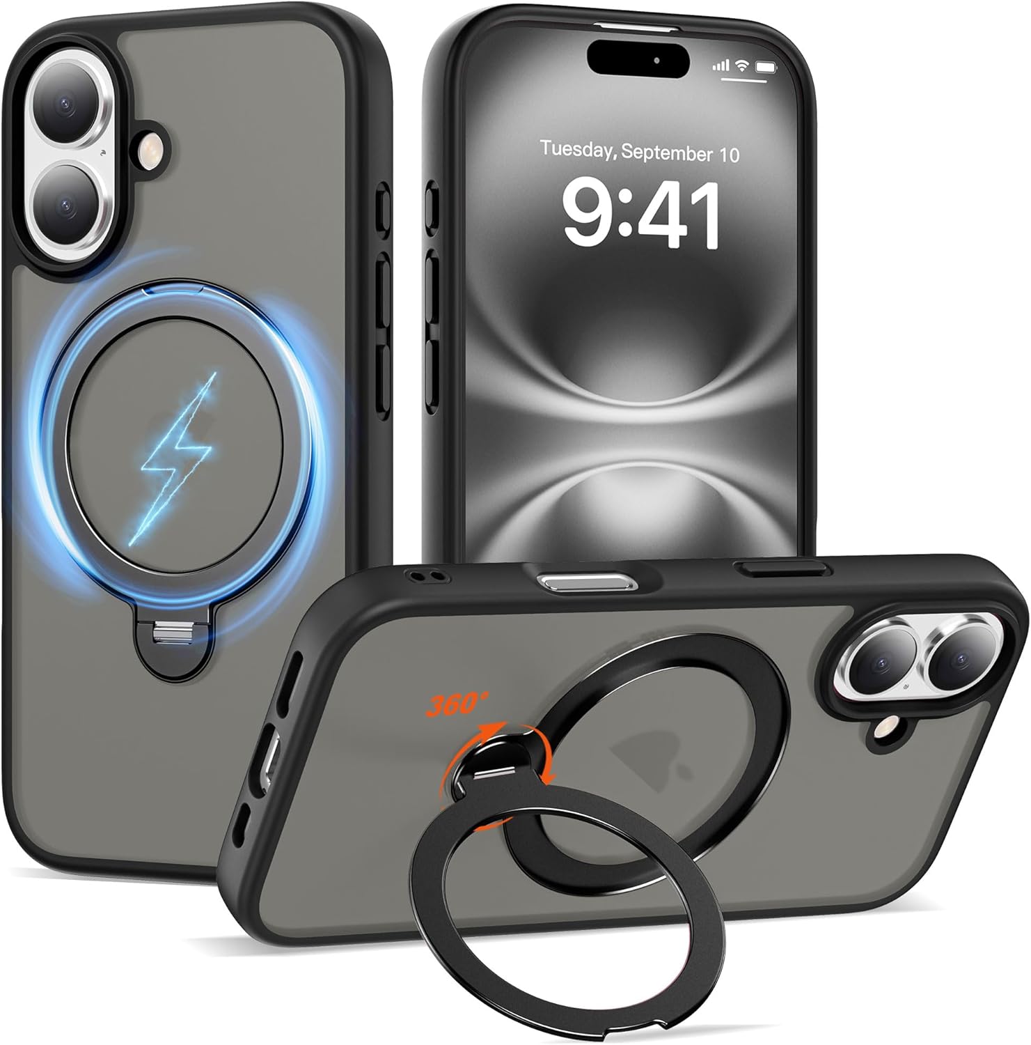 Compatible with iPhone 16 Case with 360 Spin Magnetic Ring Stand [Compatible with Mag-Safe][Military Grade Protection] Translucent Matte iPhone 16 Phone Case 6.1", Black