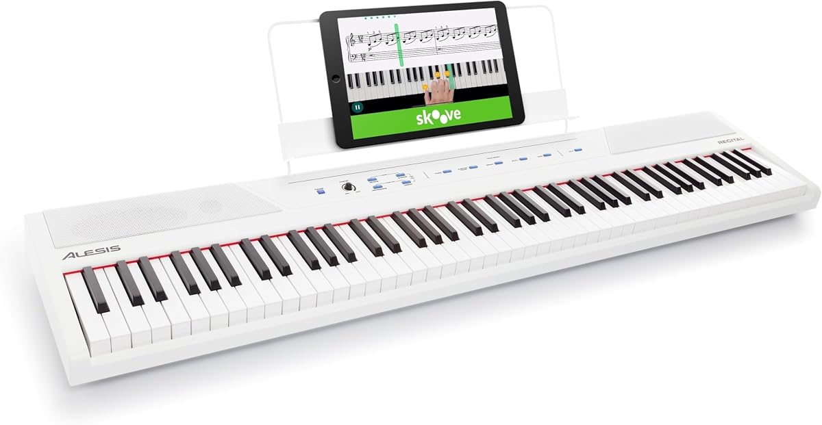 Recital Piano digital de 88 teclas con teclas semicontrapesadas, blanco | Altavoces de 20 W, 5 voces, modos divididos/capas, respuesta táctil ajustable, lecciones de piano, para principiantes