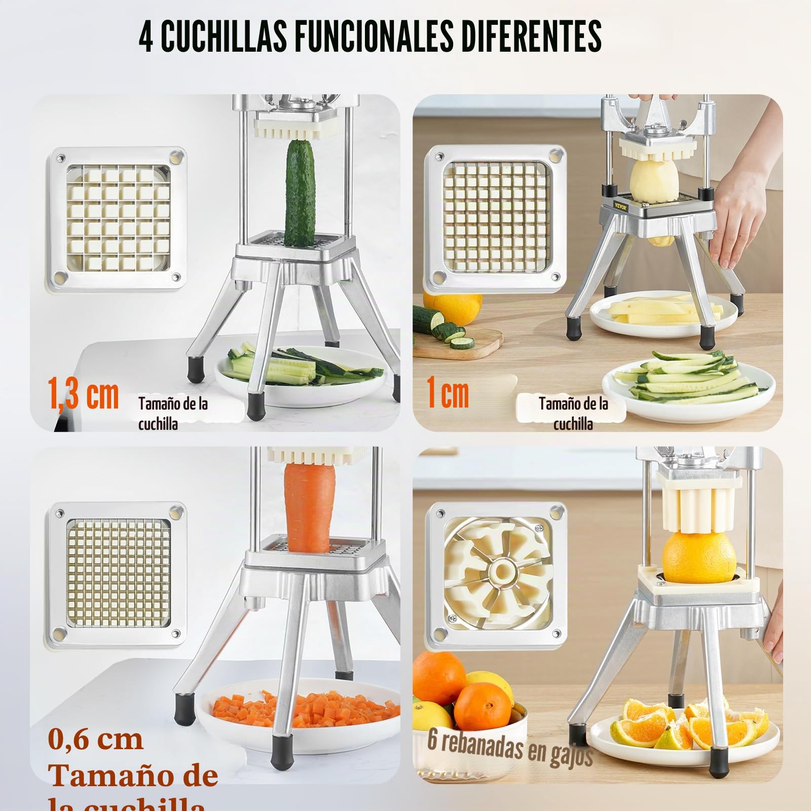 VEVOR Cortador de Verduras de Multifunción Profesional Manual con 4 Cuchillas de Acero Inoxidable 12,7/6,4/9,5 mm y 6 Cuchillas de Repuesto para Rebanar Palitos de Frutas Restaurante de Cocina