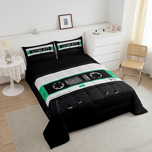Miniatura 3 de Erosebridal Juego de ropa de cama de casete de audio retro negro, juego de edredón con tocadiscos de música, color verde, relleno de edredón de