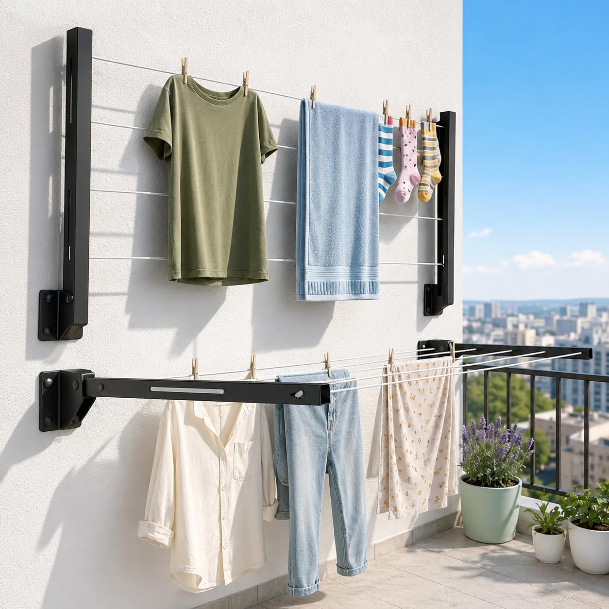 Robustt Wall Mounted Clothes Drying Stand | 45 Ft Drying Space | Heavy-Duty Foldable Powder Coated Metal Arms Cloth Dryer Rack | Space Saving Laundry Hanger for Balcony, Bathroom, Terrace | Black-image-11