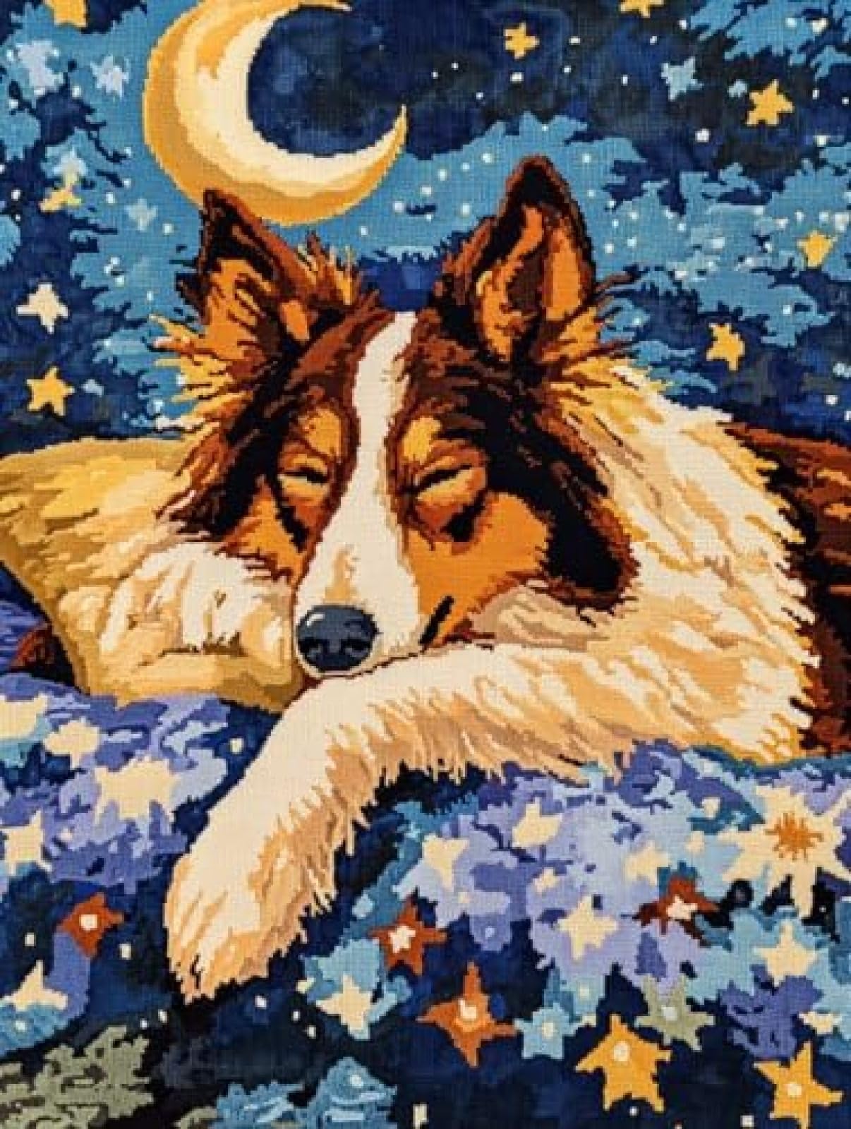 XDEGHUANGSS Rough Collie Sleeping in Bed Wth Stars and Moon Latch Hook Rectangle Rug Kits for Adults Needle Crochet Yarn Embroidery Carpet Floor Mat Tapestry Christmas Home Decoration 52x38cm -1