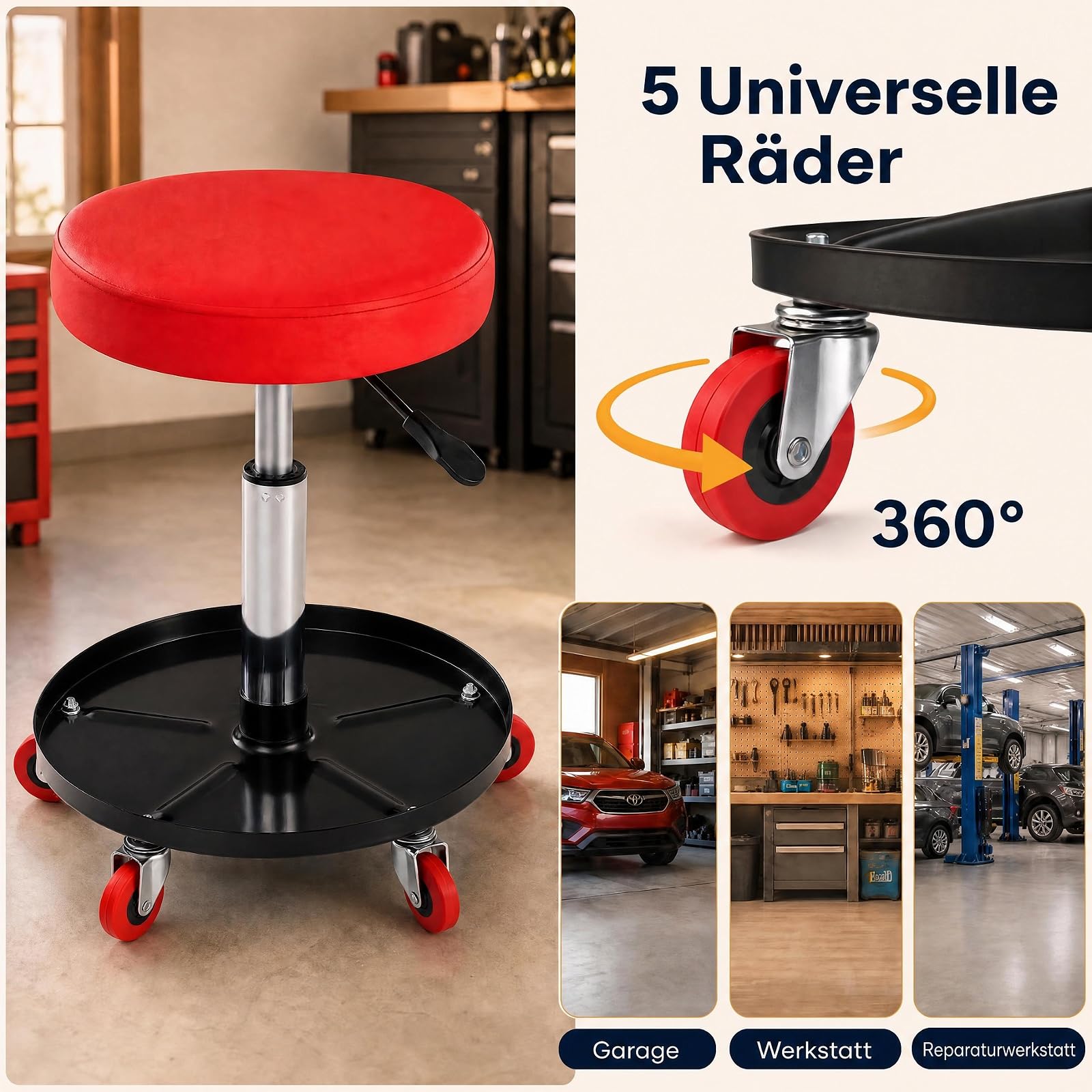 SOARS Werkstatthocker mit Rollen, höhenverstellbarer Rollhocker 150 kg