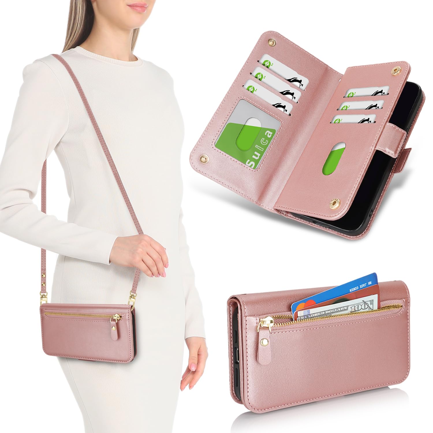 Coque iPhone 15 Pro avec porte-carte et cordon ajustable rose gold