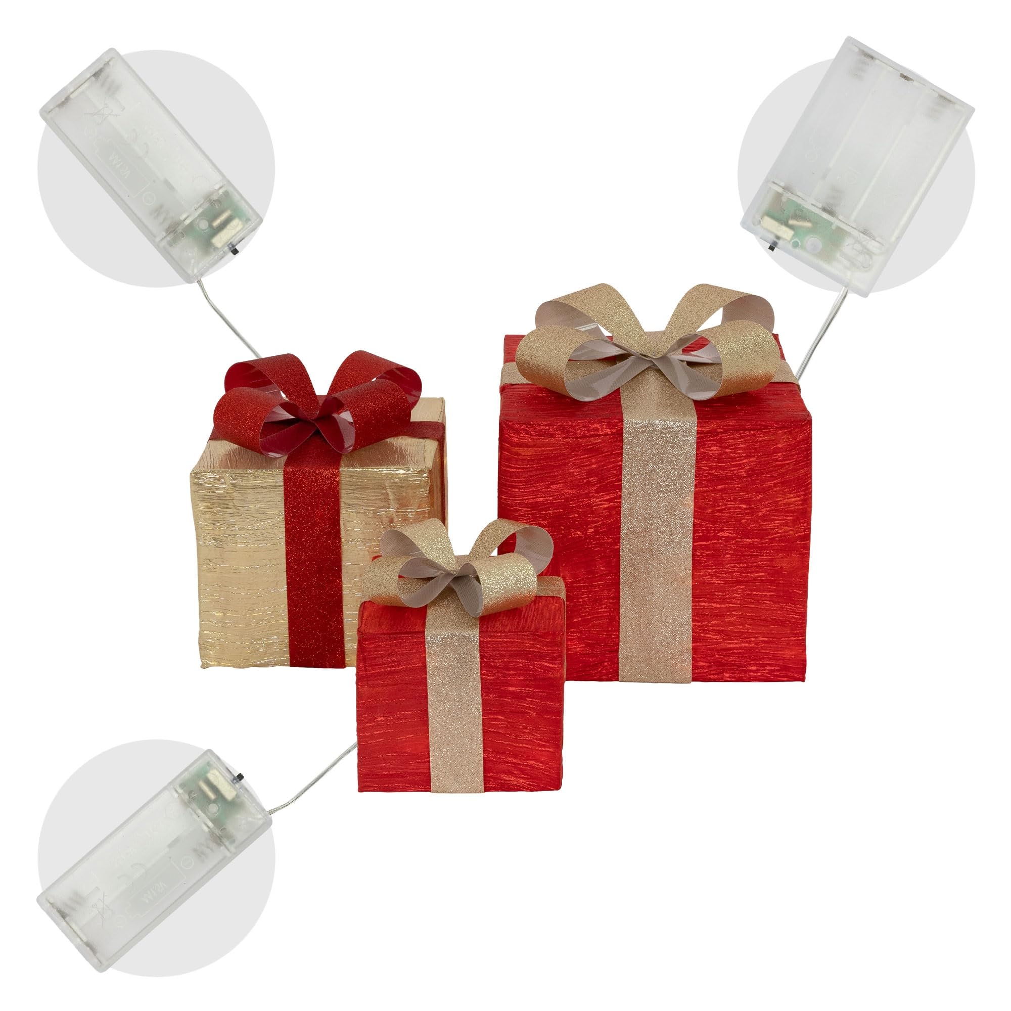 ECD Germany Set de 3 Boîtes Cadeaux LED avec 90 LED Blanc Chaud, Rouge-Or, Structure en Fil Métallique, Décoration de Noël Intérieure, Boîte Cadeau Illuminée Fonctionnant sur Piles avec Minuterie