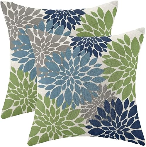 Juego de 2 fundas de almohada de flores de dahlias de 16 x 16 pulgadas, color azul marino claro y verde, fundas decorativas geométricas de lino