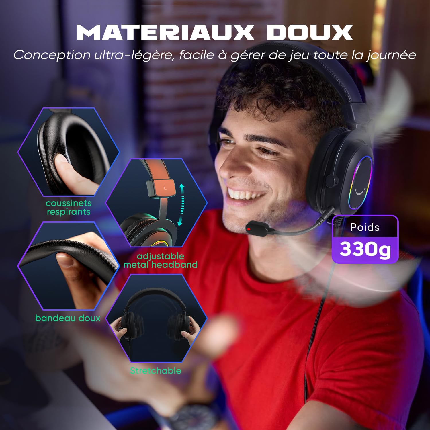 FIFINE Casque Gamer PC, Casque Gaming avec Micro pour PS4 PS5, Son Surround 7.1 USB Casque Fil Gaming avec 3 Mode EQ, RGB, Coussinets Souples - H6