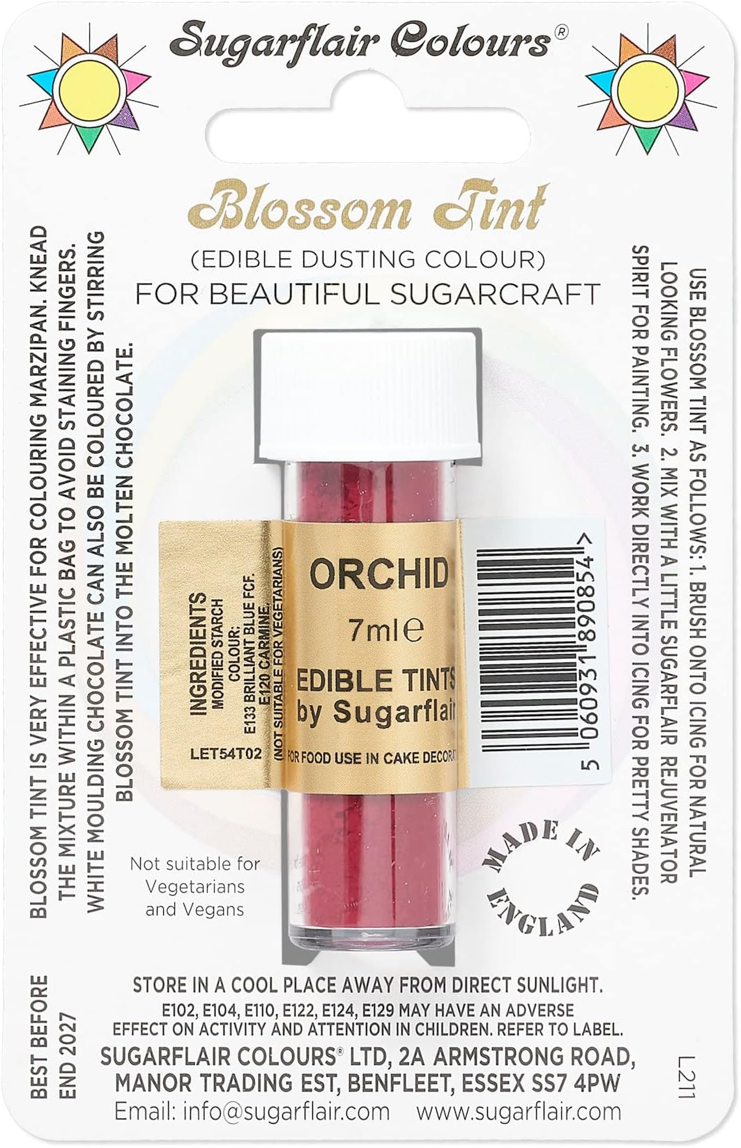 Sugarflair Blossom Tint Orchid Food Colouring and Dusting Powder, Matt Finish, Brush On or Mix with Rejuvenator Spirit to Create a One of A Kind Cake - 7ml