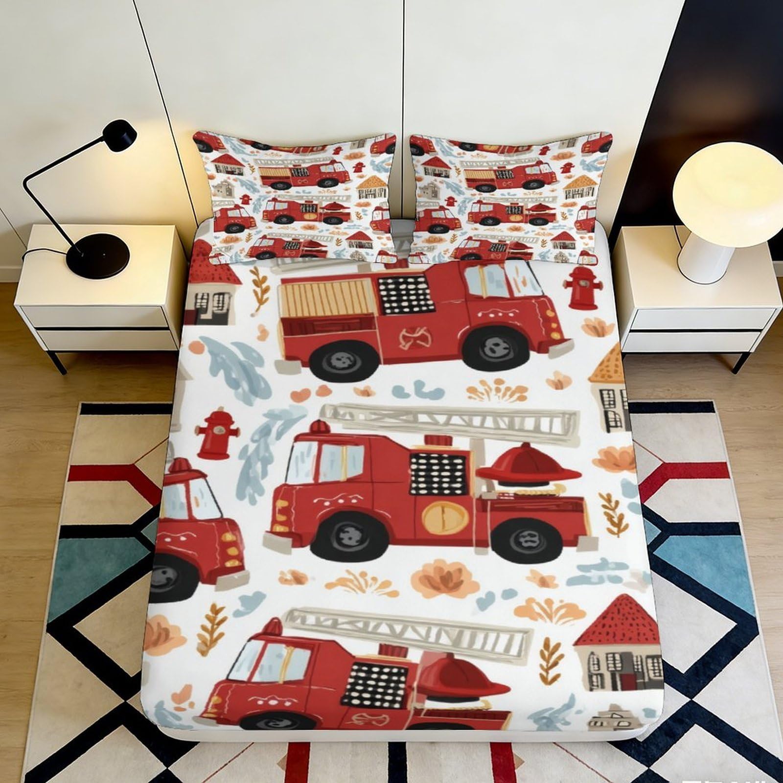 3D Printed Fire Truck Fitted Sheet Microfiber Soft Durable Fire Engine Bed Cover for Bedroom Dormitory Guest Room Mattress Protection and Decoration 120x200x25cm