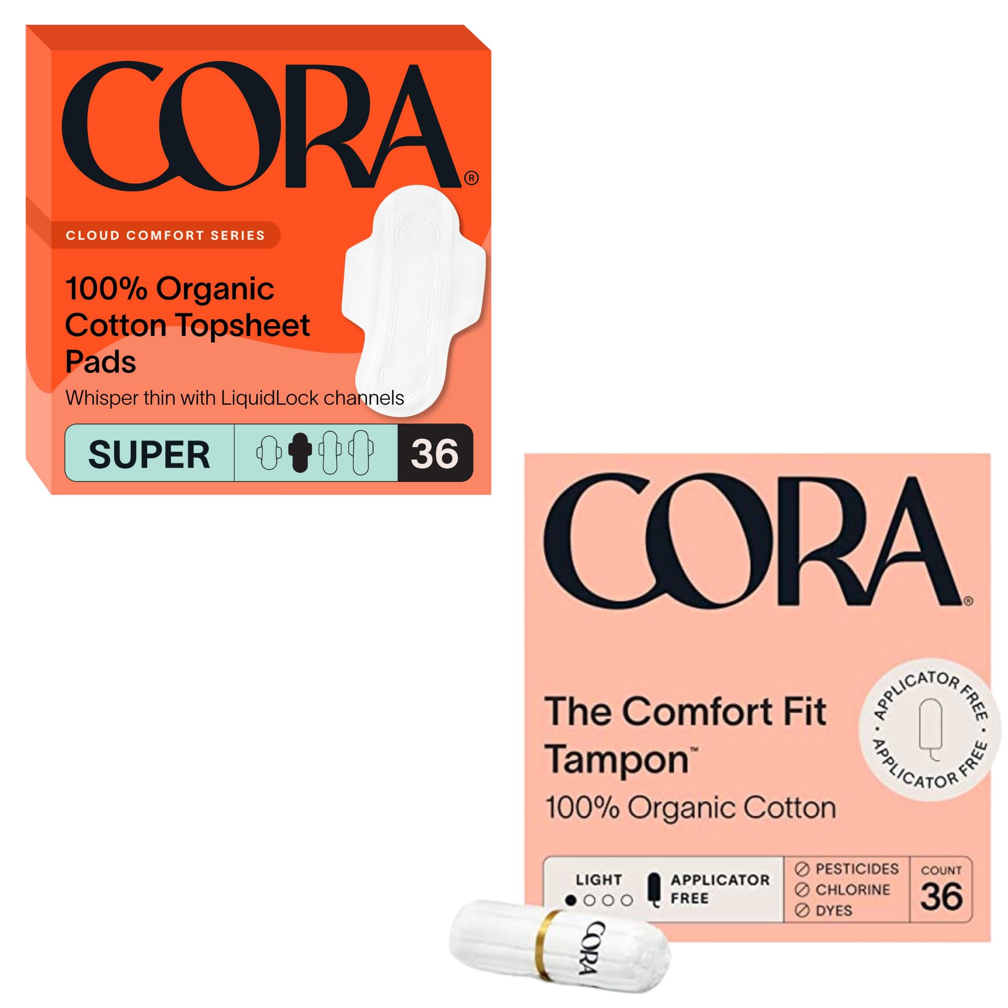Cora Organic Feminine Care Super Absorbency Pads with Wings and Non-Applicator Tampon Pack Ultra-Absorbent Unscented Natural Non-Toxic 36