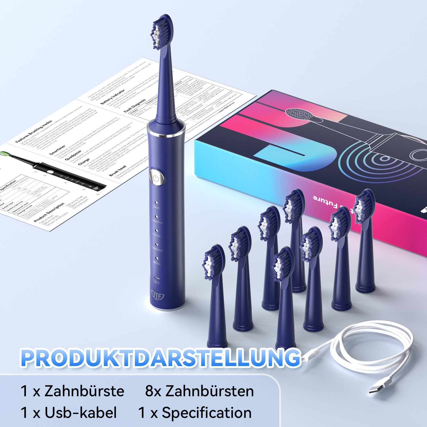 JTF Spazzolino Elettrico, Spazzolino da denti Sonico con 8 Testine, 5 Modalità & Smart Memory, Timer da 2 Min, IPX7 Impermeabile, Rechargeabilité, Ricarica Rapida 3H, Adulto (Blu)