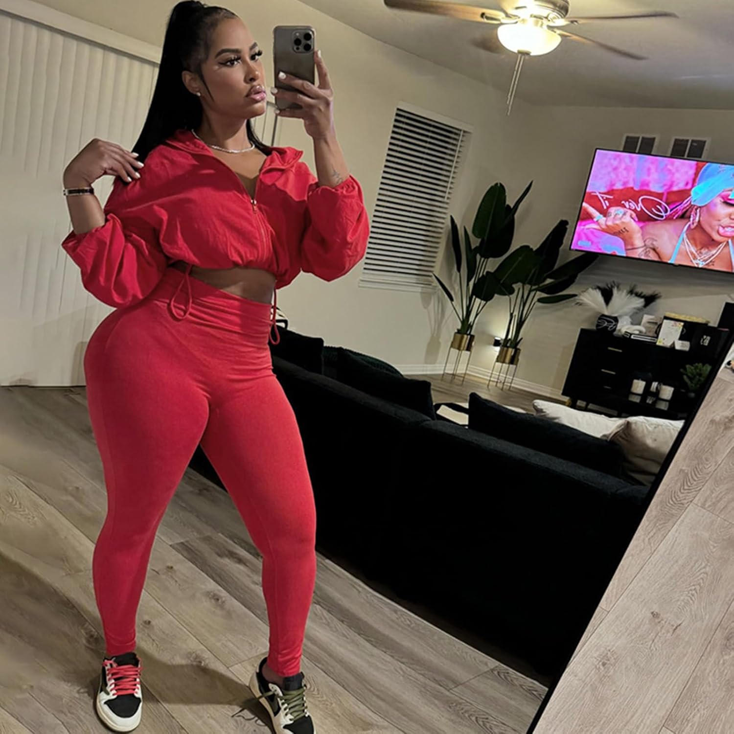 Uni Clau Women 2 Piece Outfits Tracksuit Drawstring Long Sleeve Zip Up Crop Jacket with Bodycon Pant Set Sweatsuit Clothes - Image 2