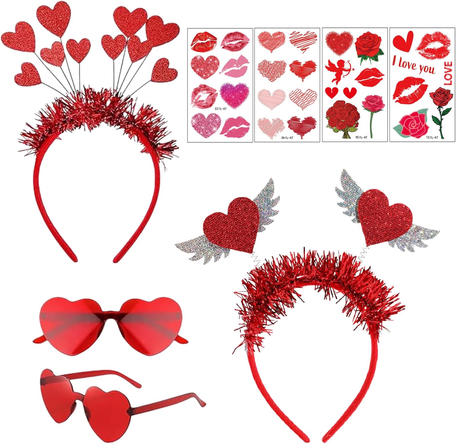 Valentine Party Favor Accessories for Women 8 Pcs 2 Heart Headbands + 2 Heart Glasses + 4 Tattoos Cupid Valentine’s Day Decor Red Heart Sunglasses Gifts for Her Wedding Carnival Photo Props