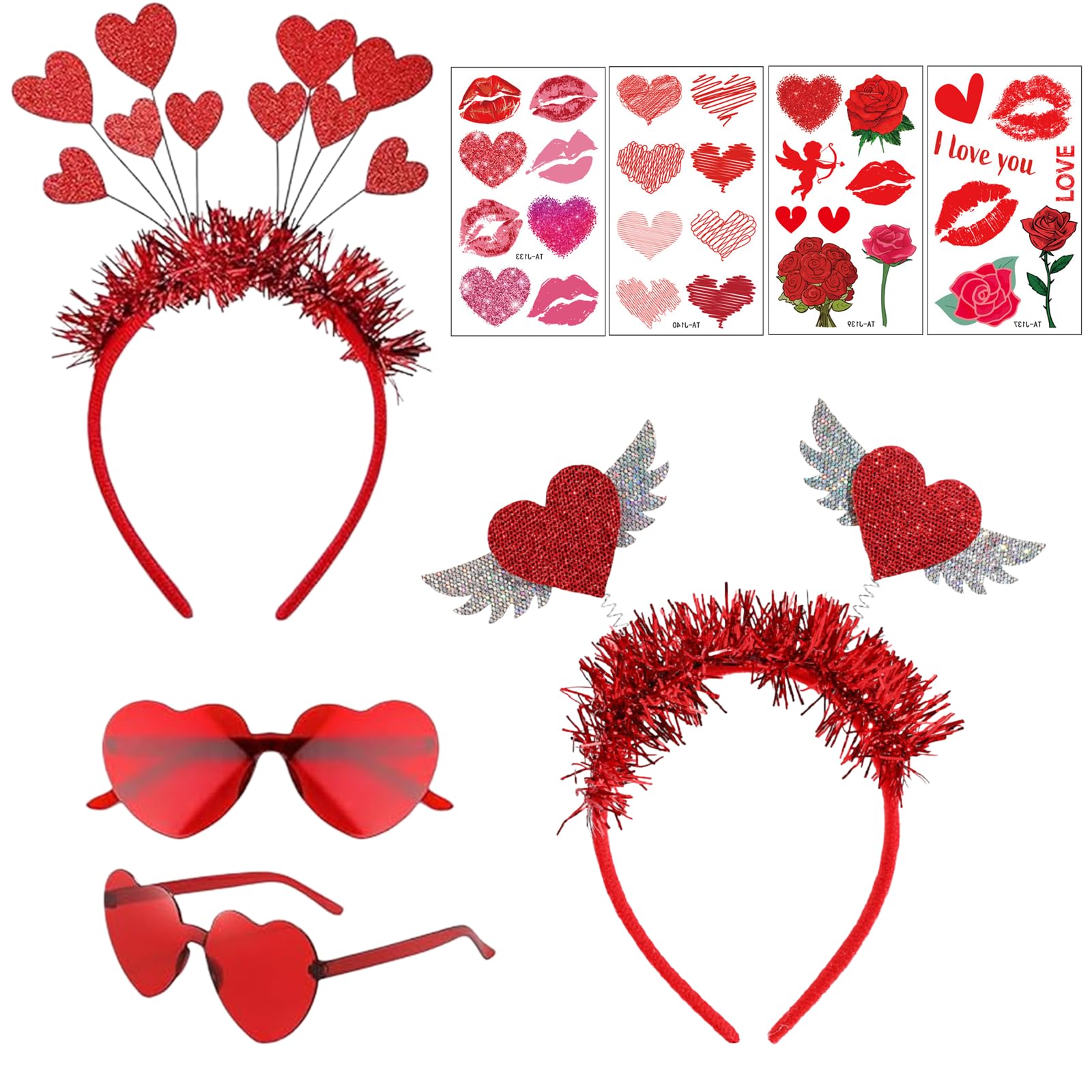 Valentine Party Favor Accessories for Women 8 Pcs 2 Heart Headbands + 2 Heart Glasses + 4 Tattoos Cupid Valentine’s Day Decor Red Heart Sunglasses Gifts for Her Wedding Carnival Photo Props