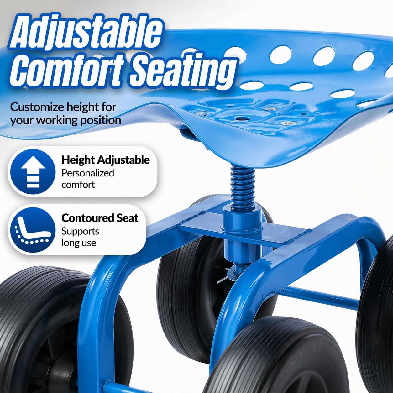 KATSU Tools Carrito de jardín rodante, taburete de taller, giratorio 360° y asiento de trabajo ajustable en altura, para tareas al aire libre, reparación de automóviles