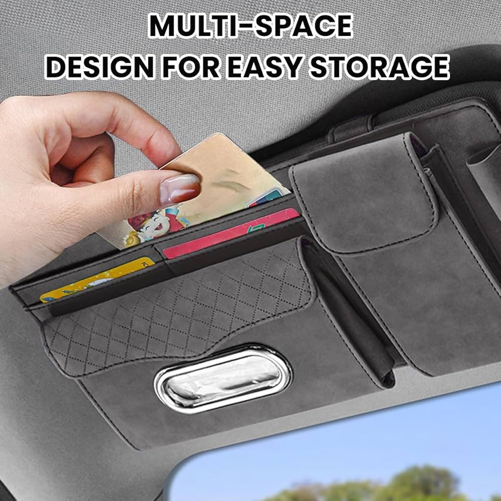 Organizzatore Per Aletta Parasole Auto - Con Porta Occhiali E Tasche | In Pelle, Nero - Foto 10