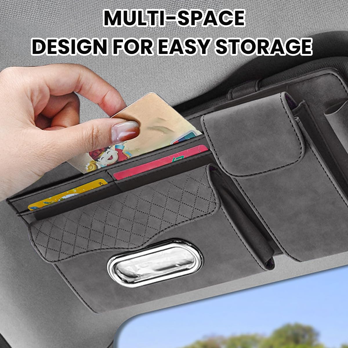 JNNJ Auto zonneklep organizer, kaarthouder verstelbare zonneklep organizer, auto multifunctionele opbergtas voor zonnebril, bankkaarten (Grijs