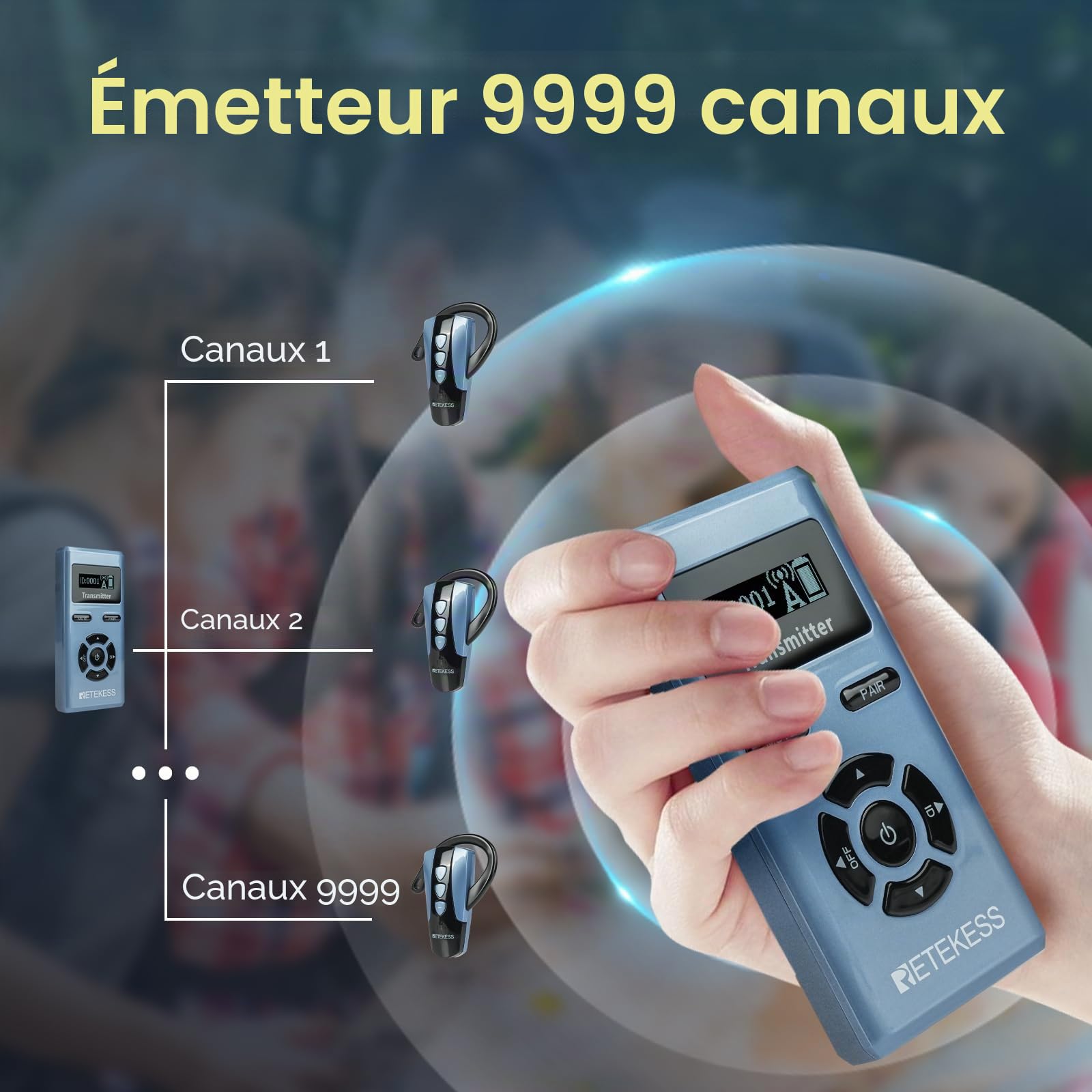 Retekess TT106S Système de Guide Touristique sans Fil, Récepteur à Crochet d'Oreille, 2.4G, Commande à Touche Unique, Port de Chargement USB, avec Sac de Rangement (2 Emetteurs, 20 Récepteurs)