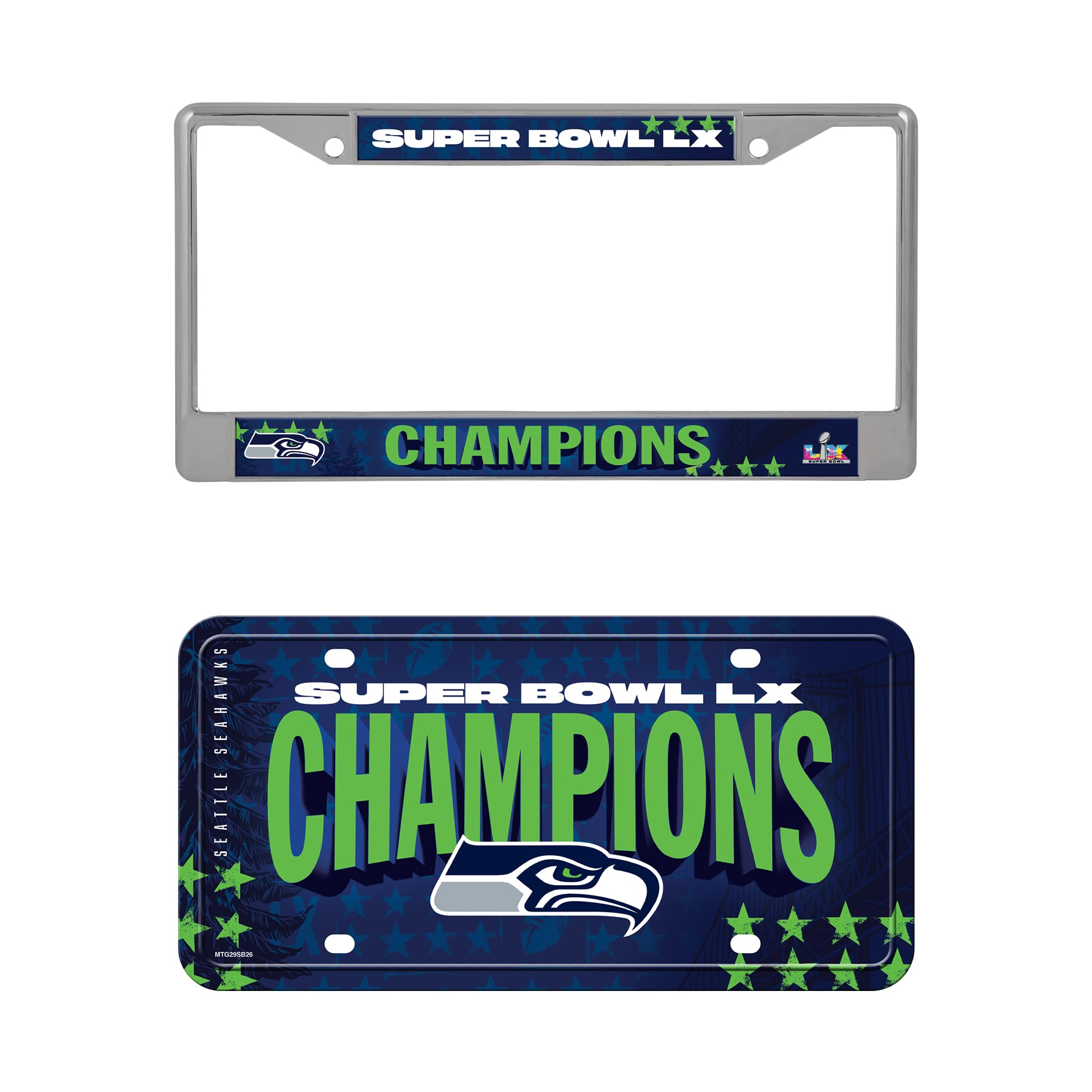 Rico Industries NFL Football Seattle Seahawks 2026 Super Bowl LX Champions Chrome Frame and Metal Tag