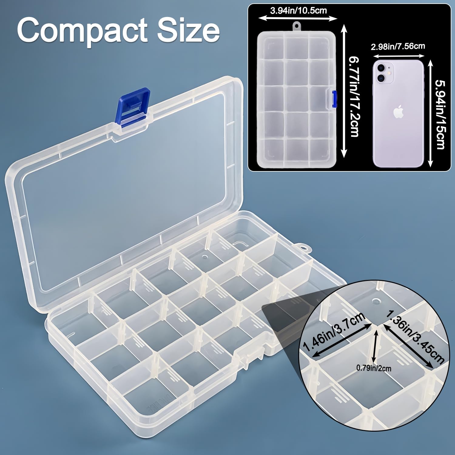 Qualsen Boîte de rangement en plastique avec séparateurs réglables 15 compartiments Transparent 12 pack blanc