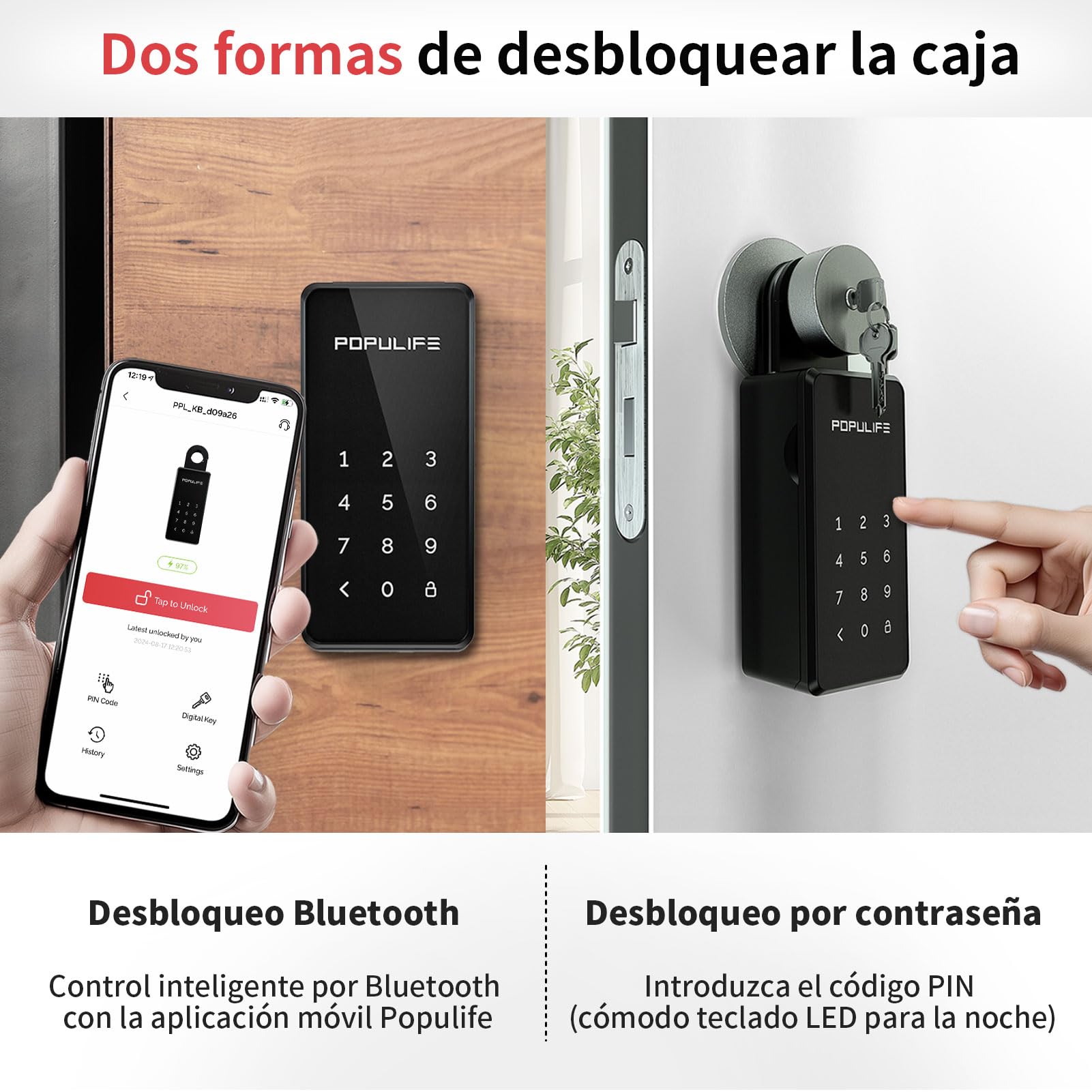 【Versión Actualizada 2025】Populife Smart Caja llaves, Electrónica Bluetooth Caja Llaves con Codigo, Caja Seguridad Llaves Inalámbrica para Hogar, Oficina & Alquileres de Propiedades