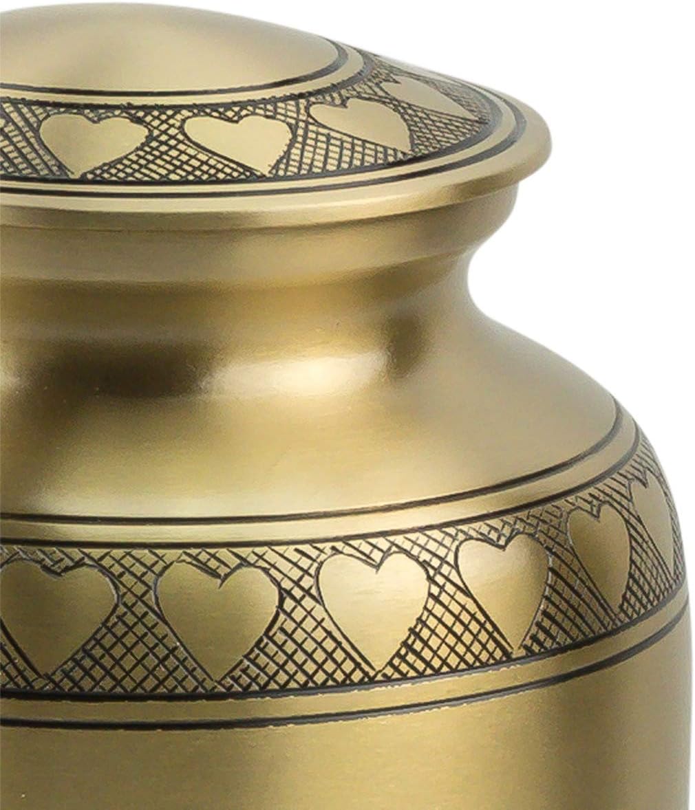 Band of Hearts Gold Cremation Urn for Ashes, Brass, Gold Urn, Adult Sized Cremation Urn, 9.75 Inches High