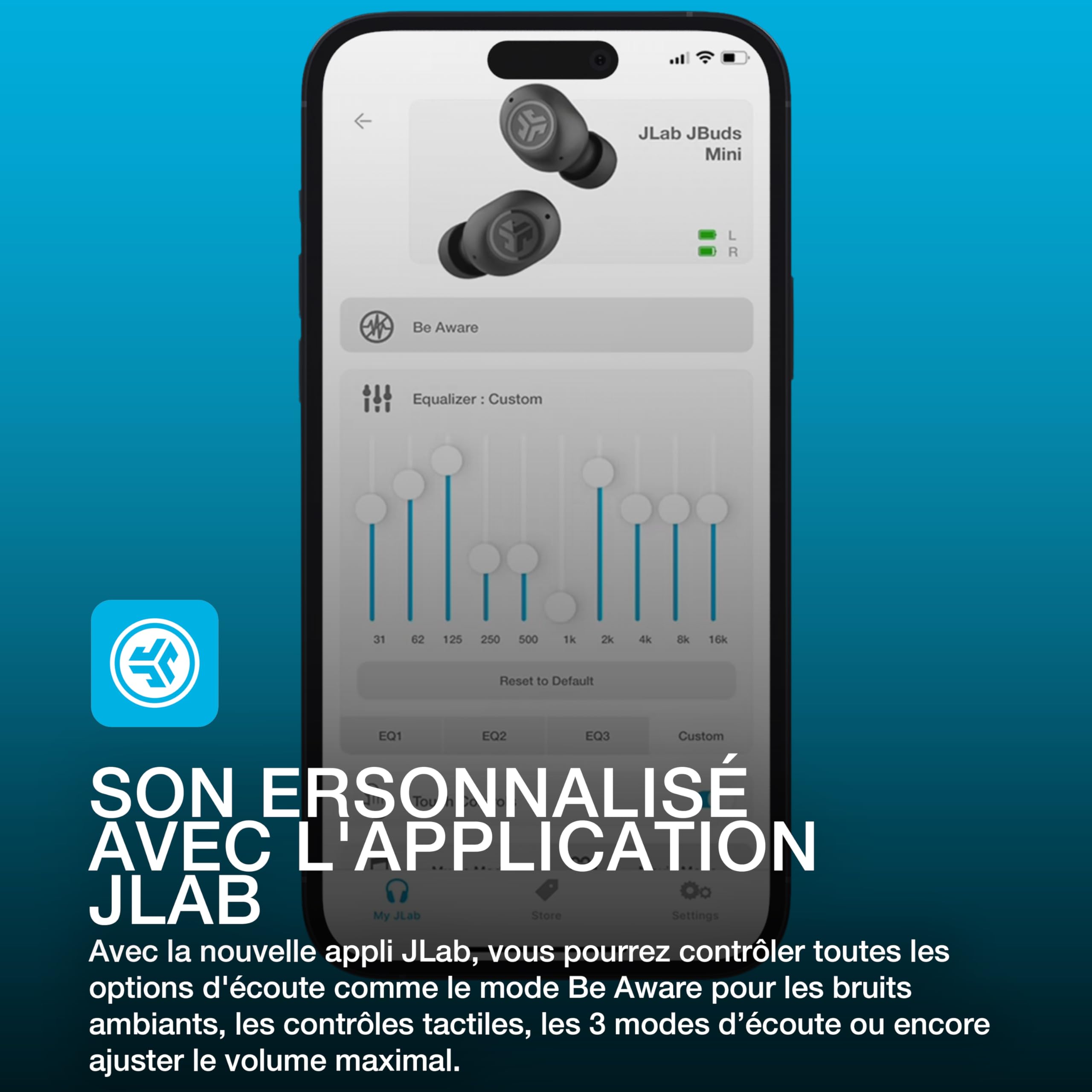 JLab JBuds Mini Ecouteurs Bluetooth sans Fil, Ecouteurs sans Fil, Écouteurs avec Micro et Boîtier de Charge USB, Oreillette, Jusqu'à 20+ Heures d'Autonomie, Son Personnalisé EQ3, Turquoise