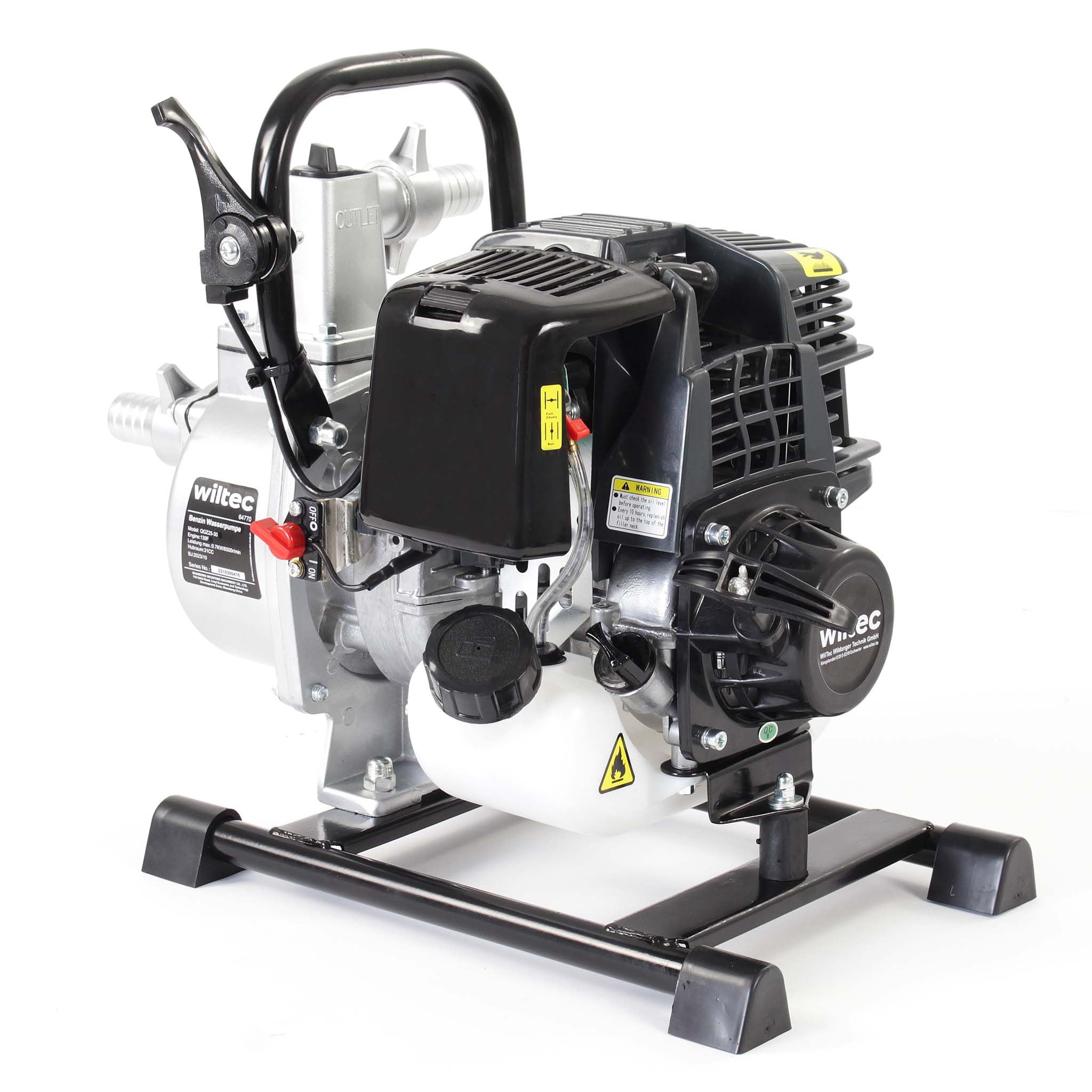 Wiltec Benzin Wasserpumpe 1kW 8.000l/h 6.500U/min, 30m Förderhöhe, Gartenpumpe mit 4 Takt Motor, Motorpumpe