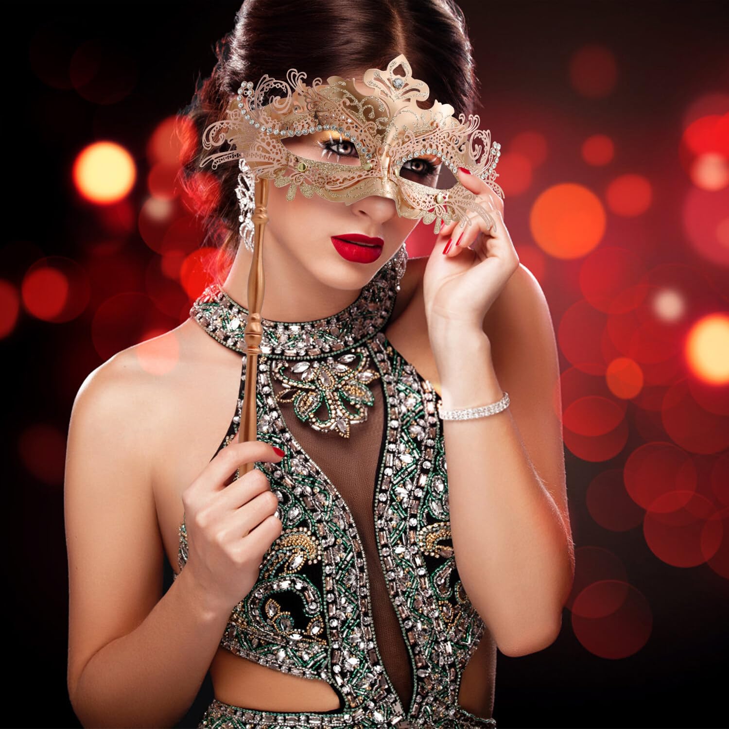 Coddsmz Couple Masquerade Mask Set including Stick Venetian Halloween Costume Mask Mardi Gras Mask for Women Men Party 17YJZJE4403KG7WMV - Image 3