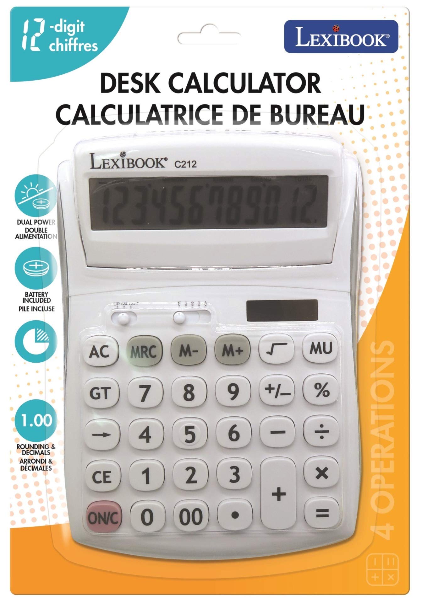 Lexibook, Calculadora de sobremesa de 12 dígitos con Pantalla abatible, Funciones básicas y de Memoria, Teclas Grandes y Pantalla para Oficina, Escuela, hogar, Solar y Pilas, Blanco/Gris, C212