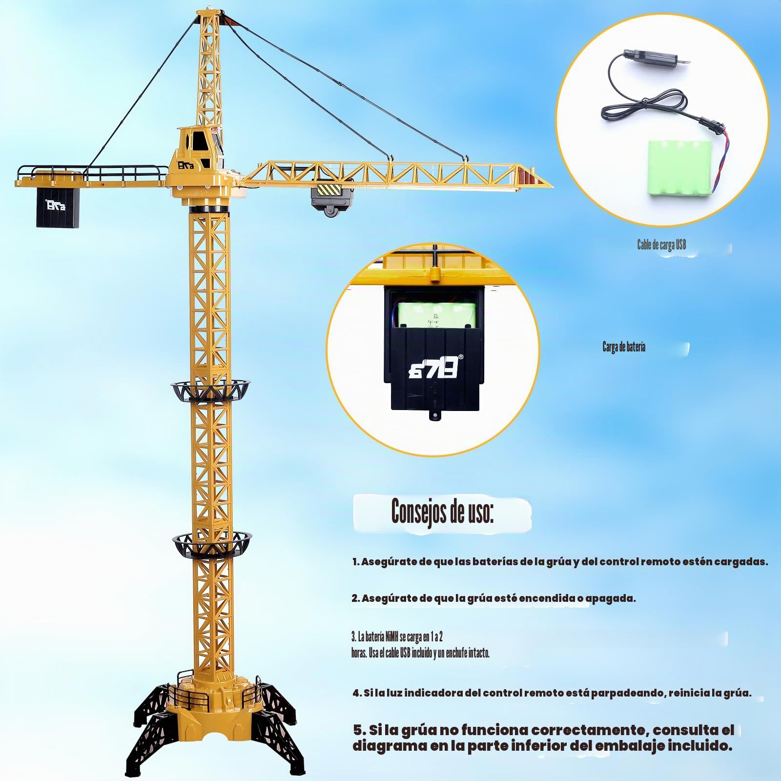 deAO Grúa teledirigida para niños, grúa teledirigida de 128 cm de altura, 6 canales, rotación de 680 °, juguete de grúa de torre teledirigido con luces y sonidos, modelo The Cast, regalos para niños y