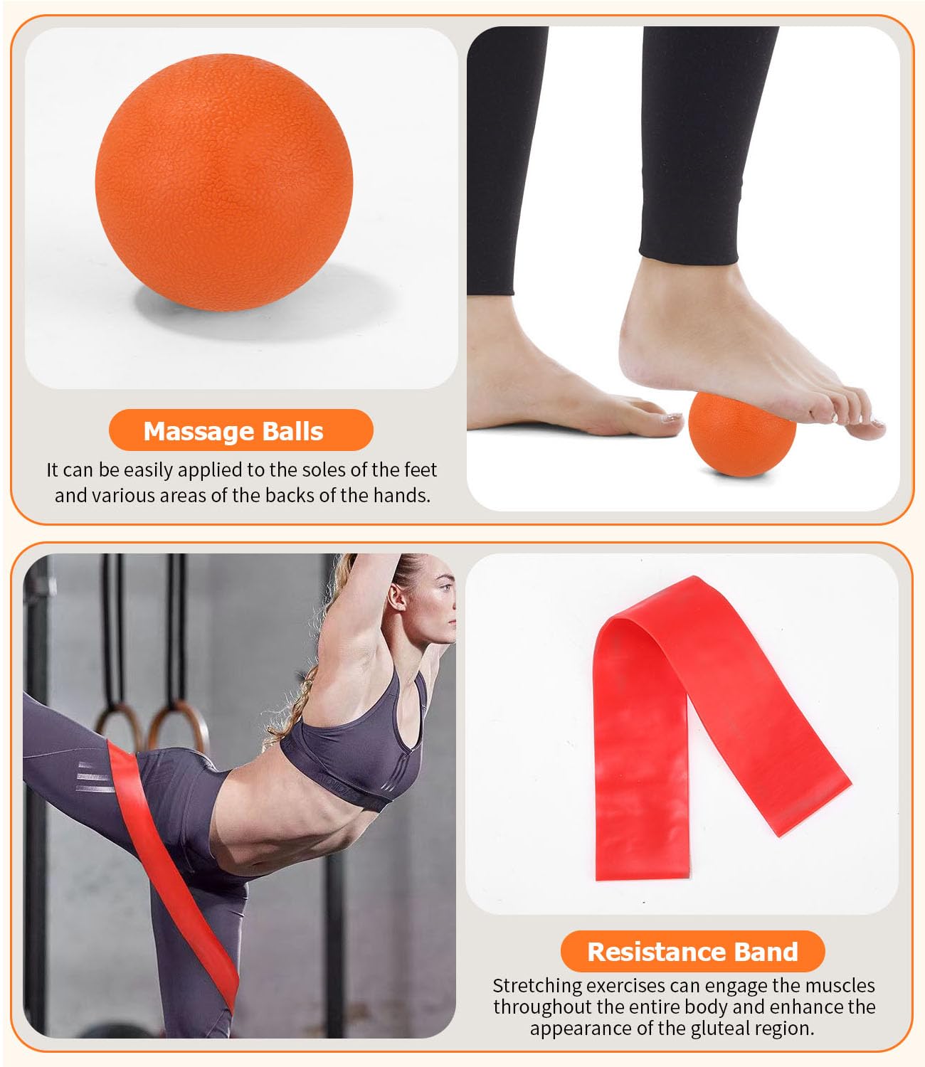 Naranja Set di Foam Roller 5 in 1, Roller Pilates ad alta Densità, Rullo per Massaggio,Pallina Massaggio Muscolare, Tenditore, Fascia di Resistenza per Massaggio, Esercizi di Fitness Attrezzi Pilates
