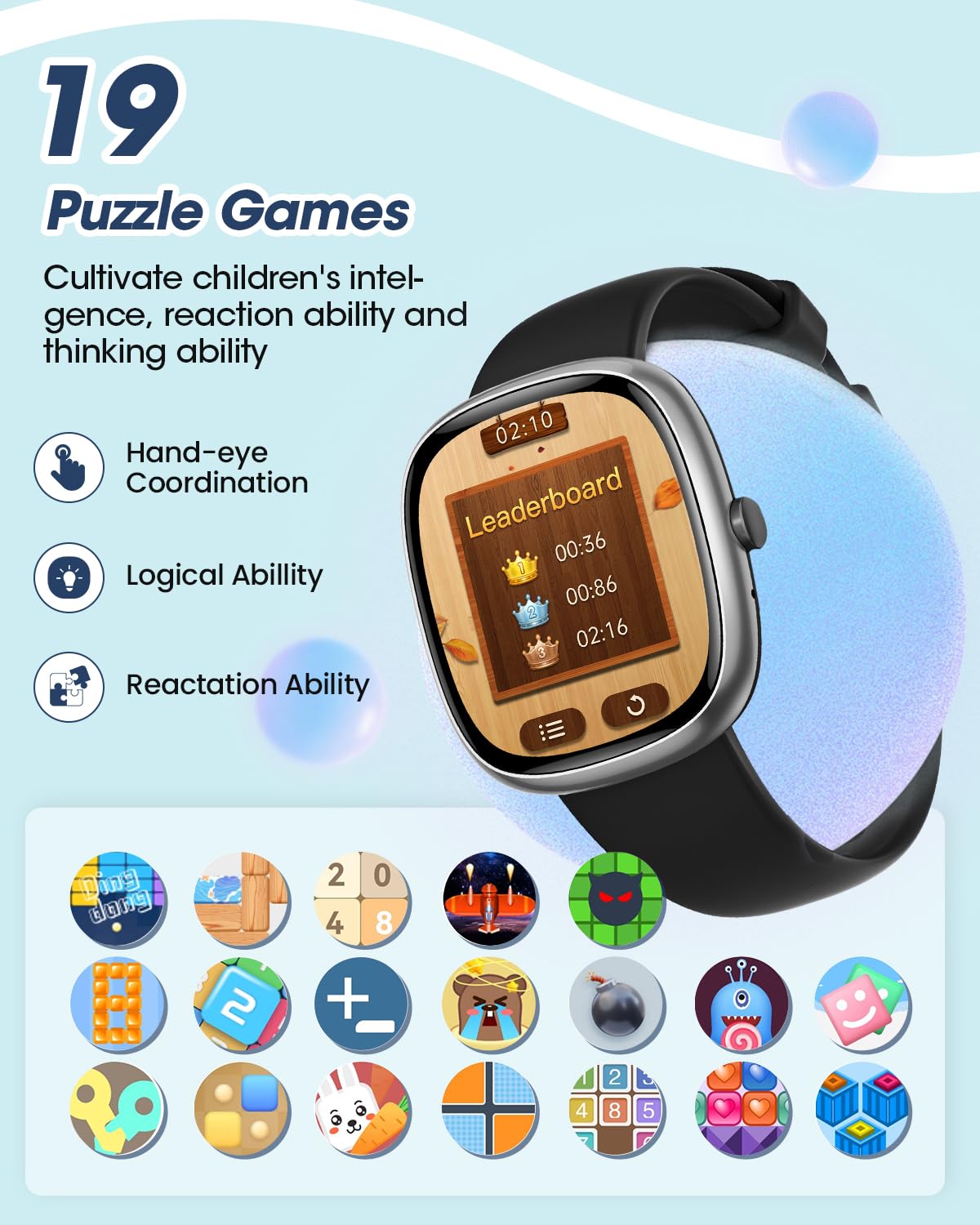 Smartwatch Bambini, Orologio Smartwatch Bambino con 20 Modalità Sportive, 19 Giochi, Frequenza Cardiaca, Monitor del Sonno, Impermeabile IP68, Regalo per Adolescenti 7 agli 11 Anni, Nero