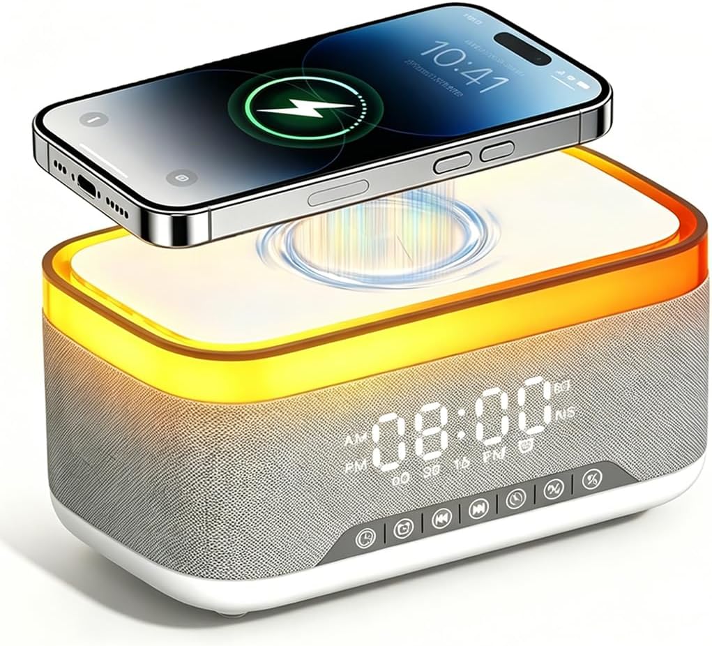 Altavoz Bluetooth con Carga Inalámbrica, Radio Reloj Despertador para Dormitorios Reloj Digital Regulable 6 en 1 con Radio FM Estación de Carga de Ruido Blanco Luz Nocturna LED RGB para Sala de Estar Oficina