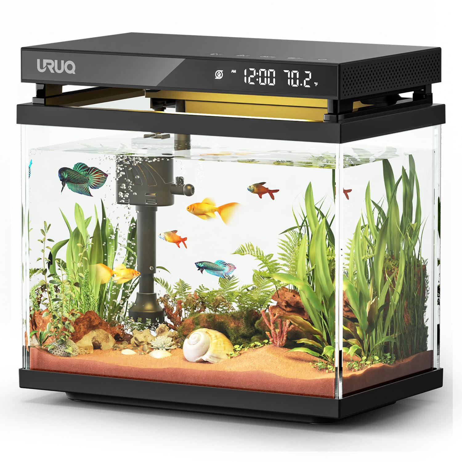 Fish Tank Smart Aquarium Kit: 2 Gallon UHD Glass Silent Water Pump Self Cleaning Multi-layer Filtration System - Temperature Sensing 7-color Lighting for Small Fish Betta Kids Room Desktop Decor Black
