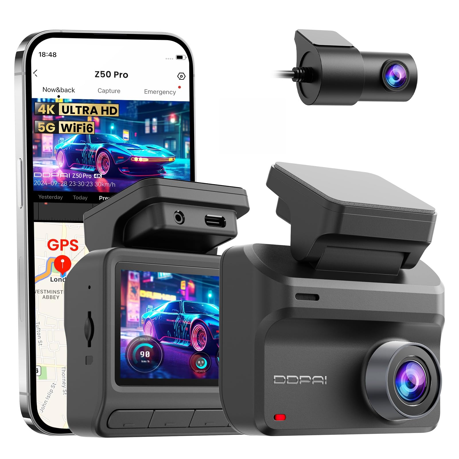 DDPAI Z50 Pro Dashcam Car Front Rear 4K+1080P, 5G WiFi6, GPS, Dash Cam 3" IPS, Parking Monitor 48h, Night Vision, ADAS, Loop Recording, G-sensor, Supercapacitor, Supports