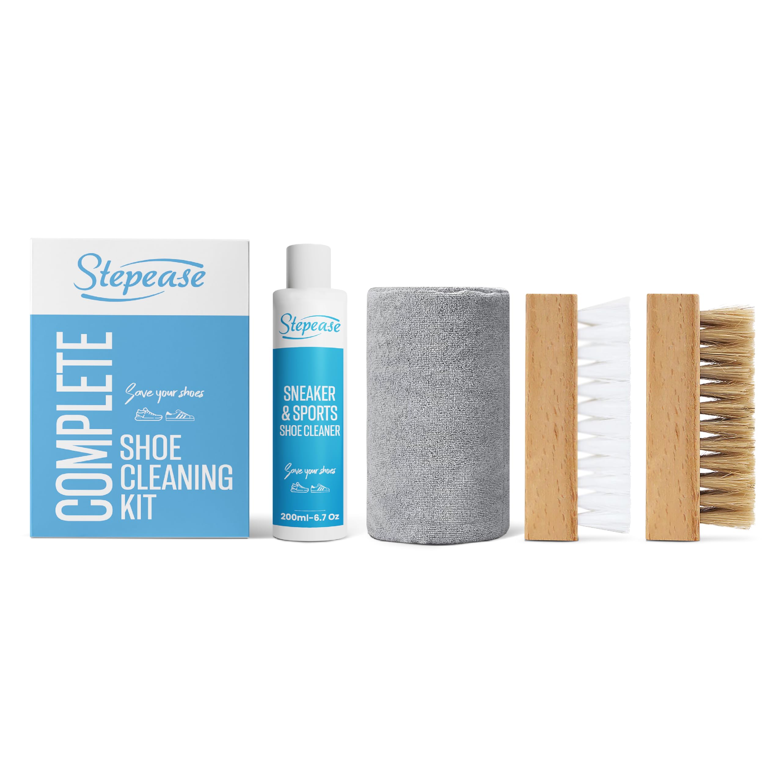 Stepease Shoe Cleaning Kit with 200ml Shoe Cleaner Bottle, 2 Brushes (1 Soft and 1 Medium Bristle) & 1 Microfiber Cloth - Suitable for Sneaker, Canvas, Knit, Trainers, Multi-Material & Sports Shoes (B0D8WFQCT1) Amazon Price History, Amazon Price Tracker