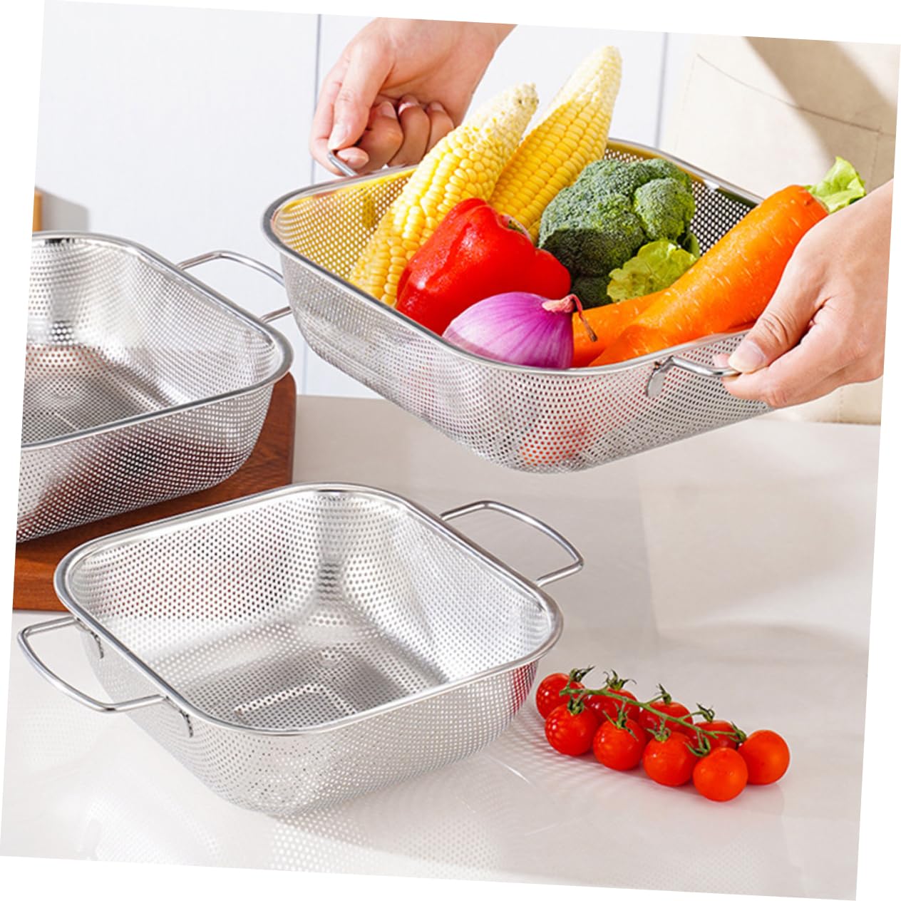 Cestello Scolapasta Quadrato in Acciaio Inox con Doppia Maniglia, 1 Pezzo