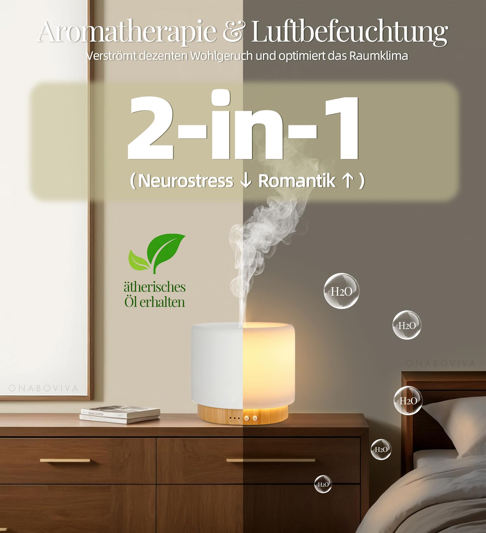 Dyfuzor zapachowy – ultradźwiękowy dyfuzor 280 ml z ceramicznym bambusowym nawilżaniem powietrza, światłem dobrego samopoczucia, timerem, automatycznym wyłączaniem, ciągłą i przerywaną mgiełką do